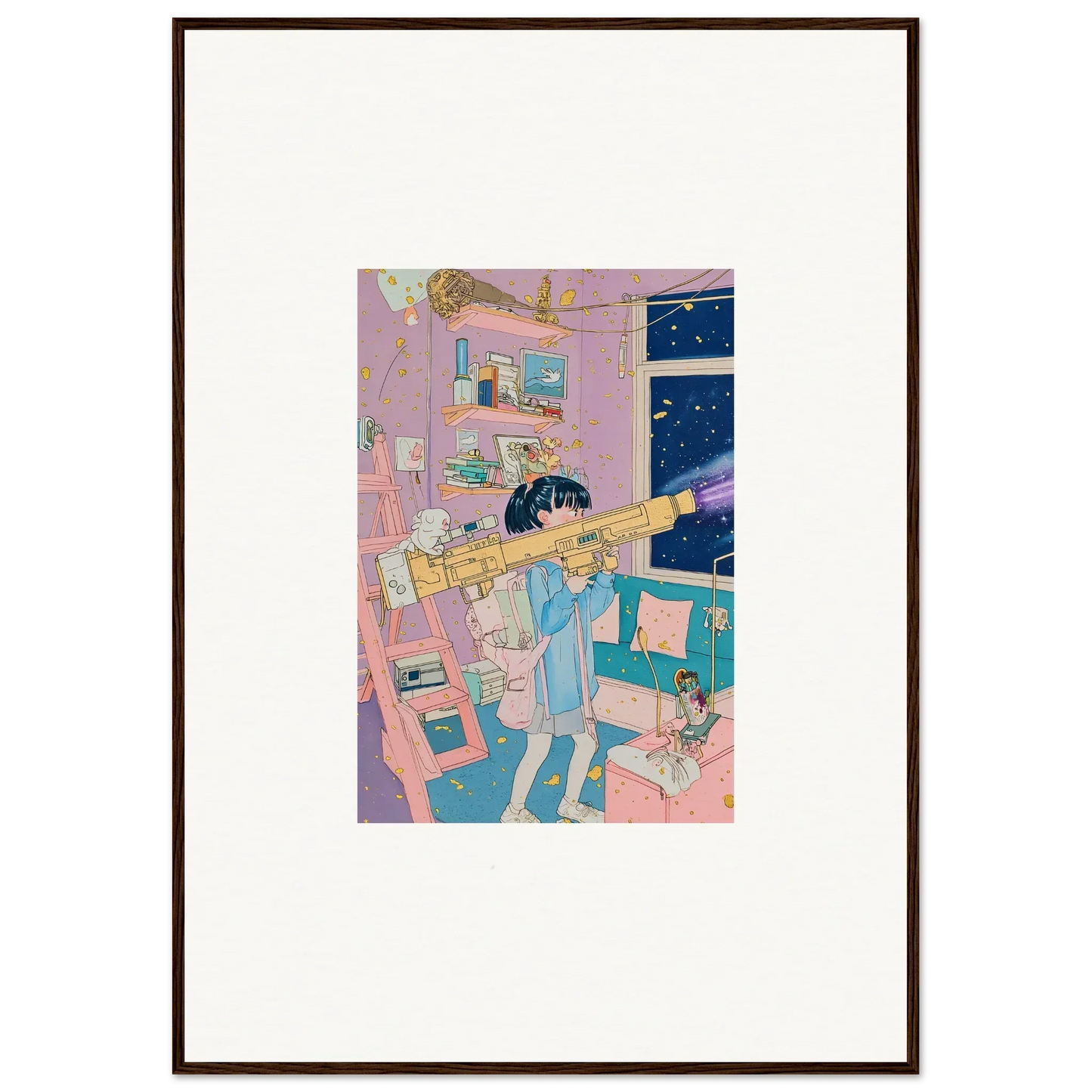 Anime character playing trumpet in a cozy bedroom, perfect for room decoration and art lovers