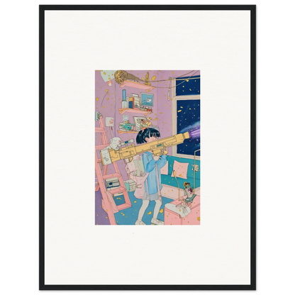 Framed canvas print of a young person exploring poetry landscapes with a telescope at night