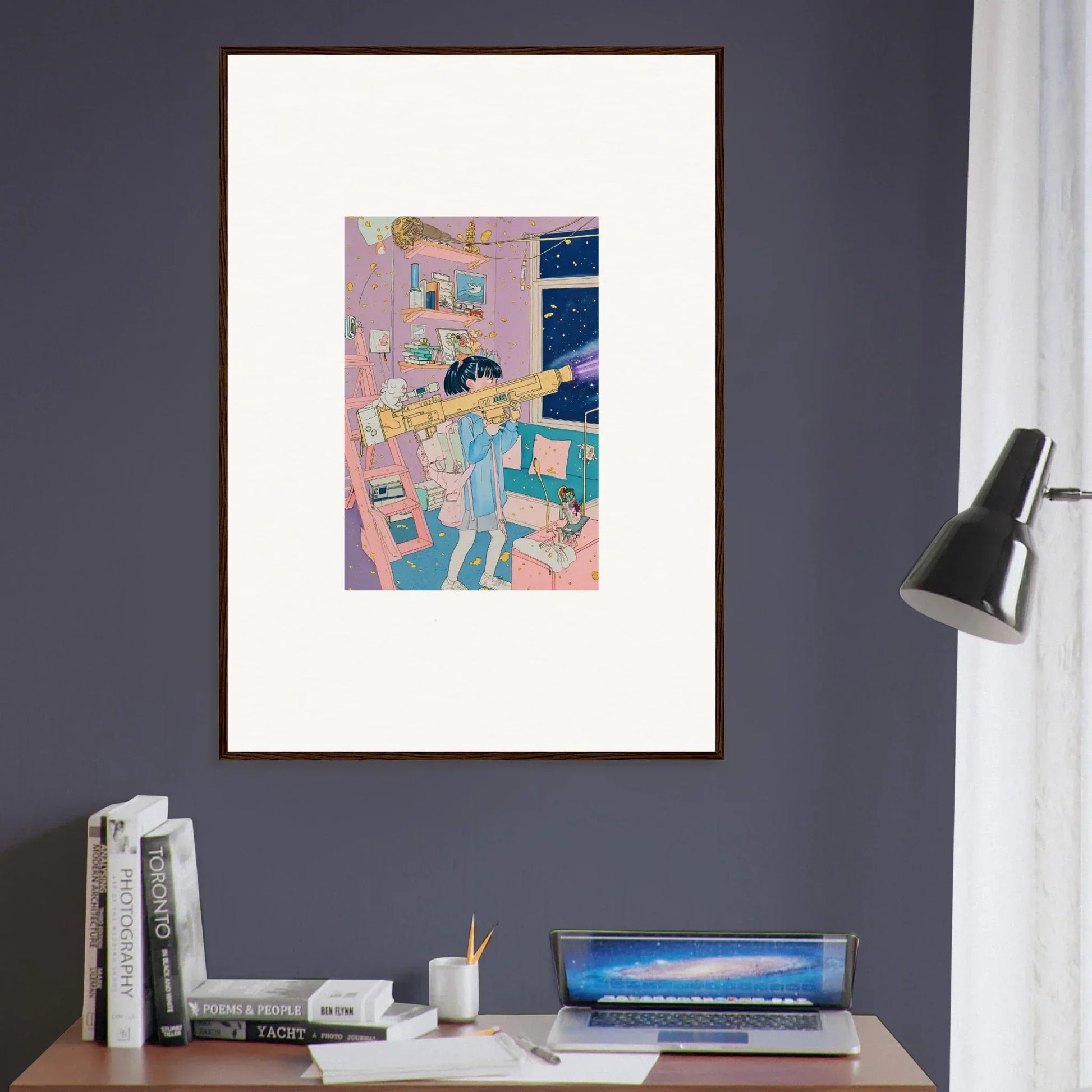 Framed illustration of a person at a desk in vibrant style for poetry landscapes room decoration