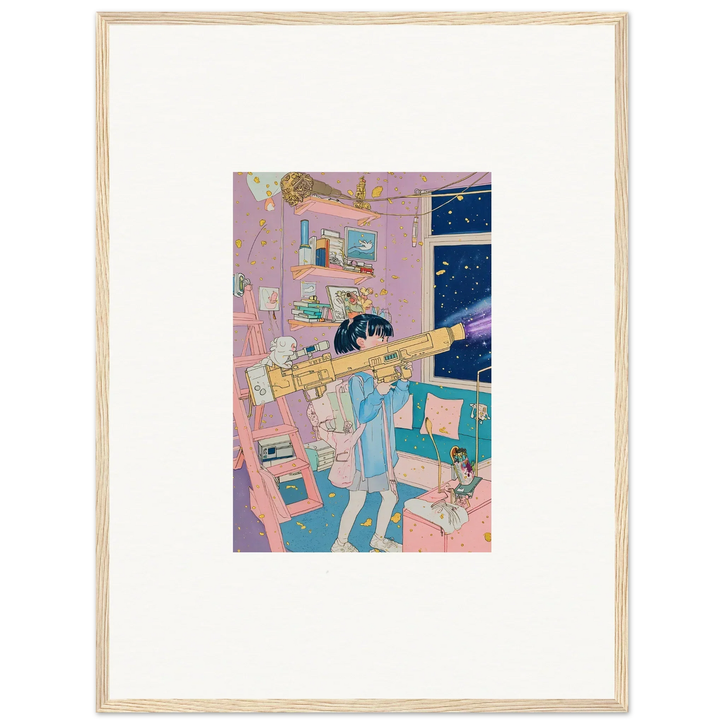 Framed canvas print of a cartoon character stargazing, perfect for poetry landscapes room decoration