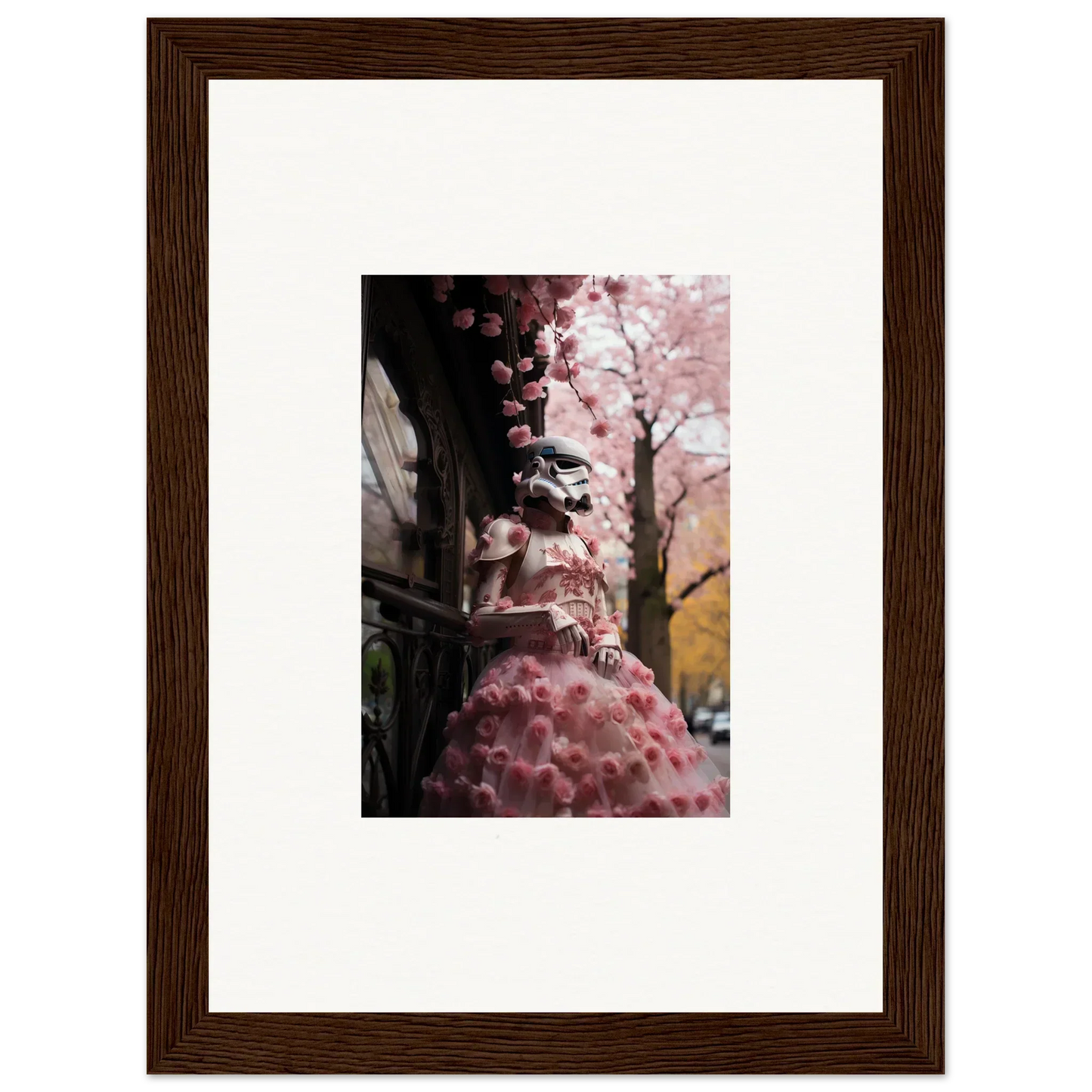 Cherry blossoms in soft pink hues framing the Stormtrooper Sakura Dream art piece