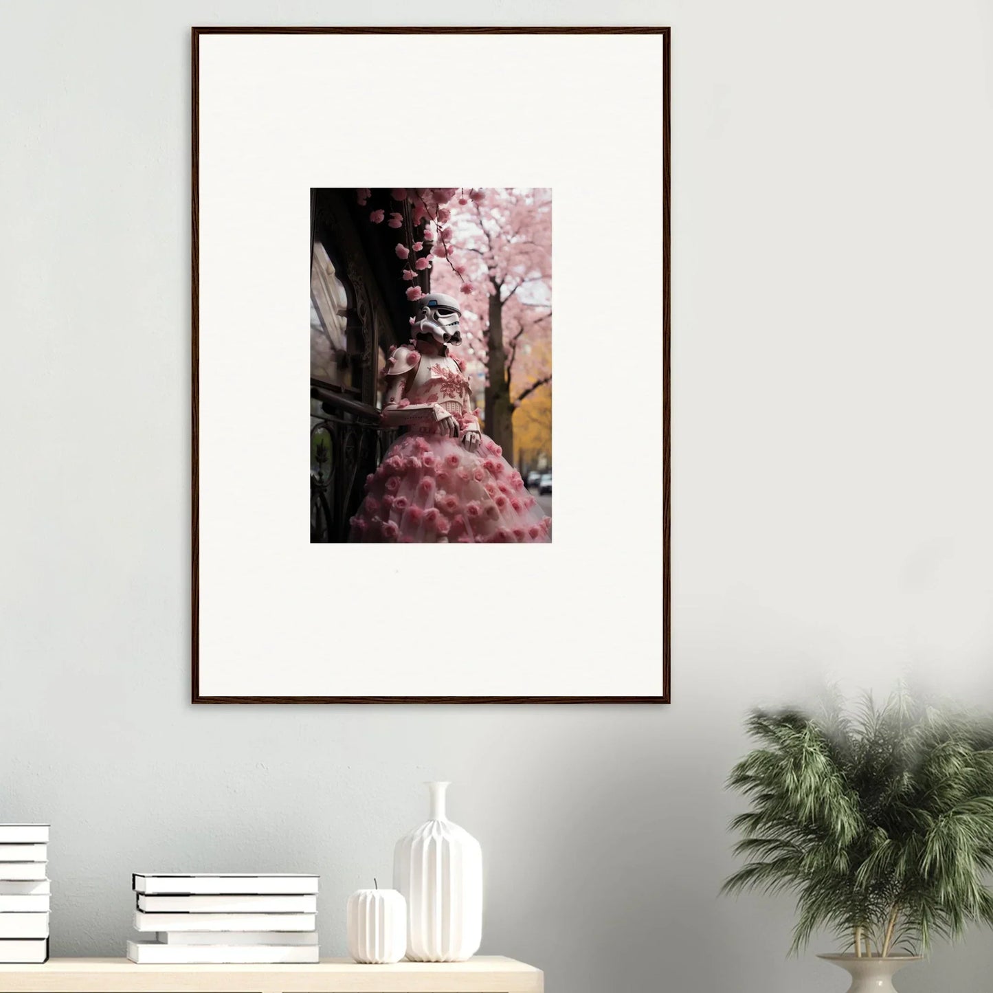 Framed photo of pink cherry blossoms against a dark building in Stormtrooper Sakura Dream