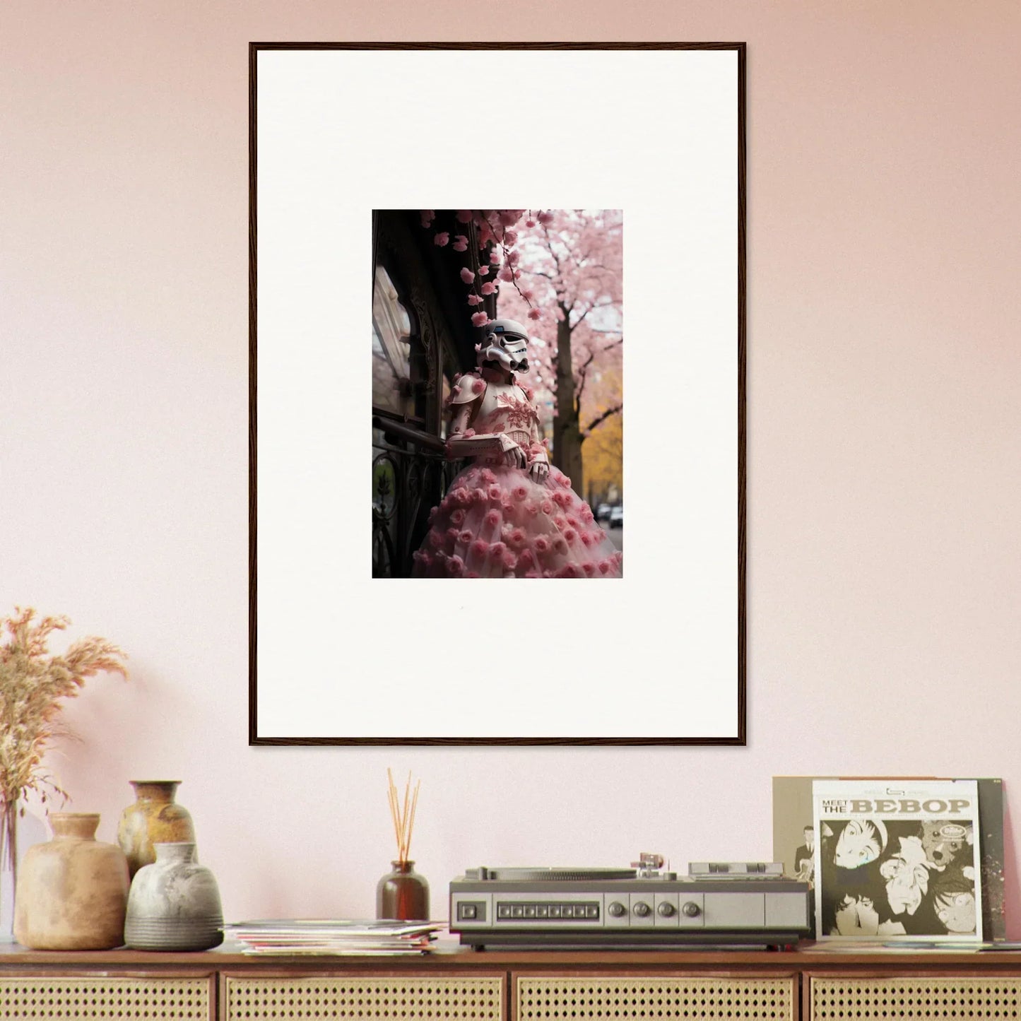 Framed photo of pink cherry blossoms on dark backdrop in Stormtrooper Sakura Dream