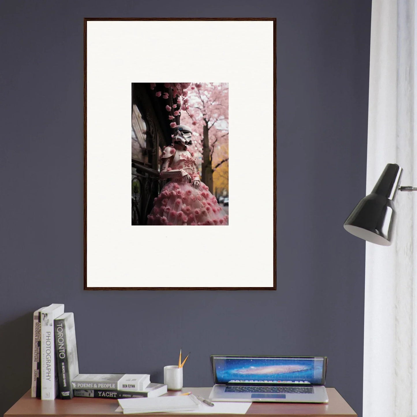 Framed photograph of pink cherry blossoms in an urban alley for Stormtrooper Sakura Dream