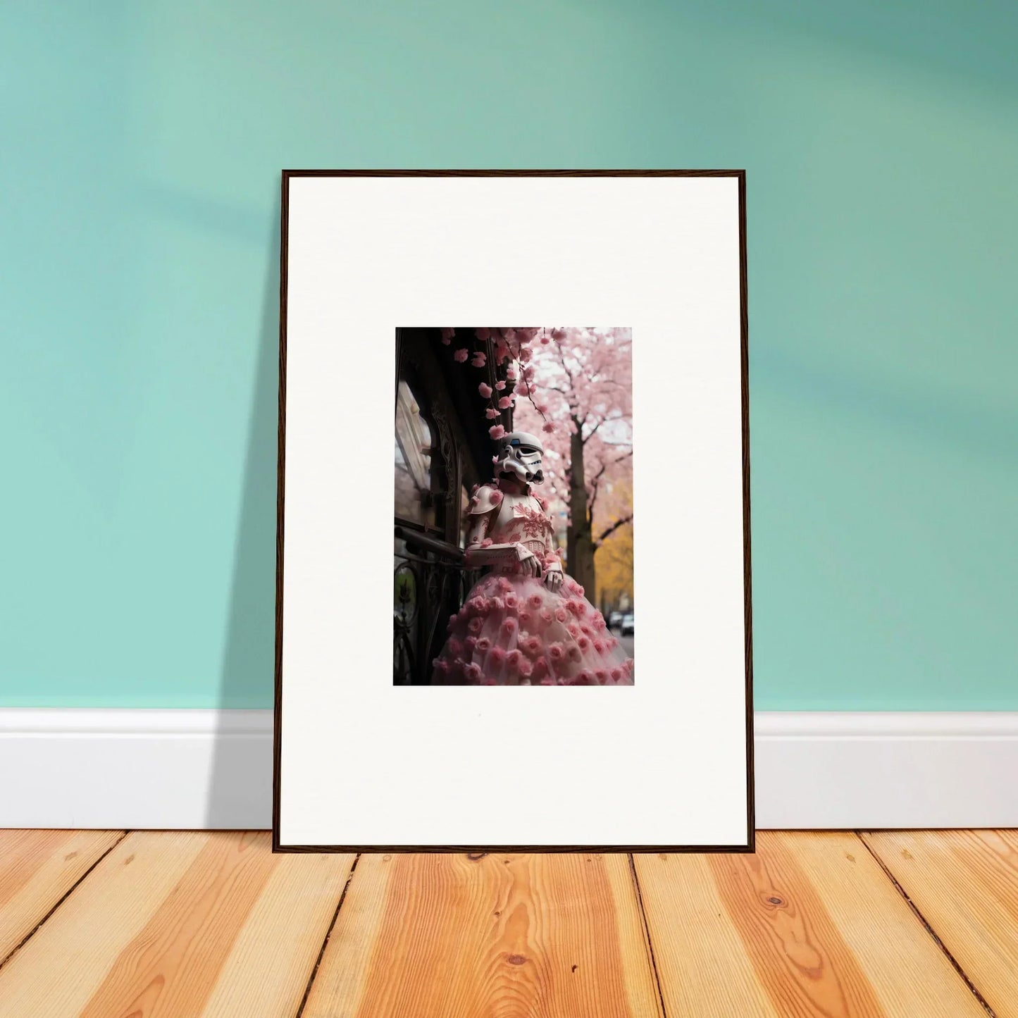 Framed photo of pink cherry blossoms and urban scene from Stormtrooper Sakura Dream