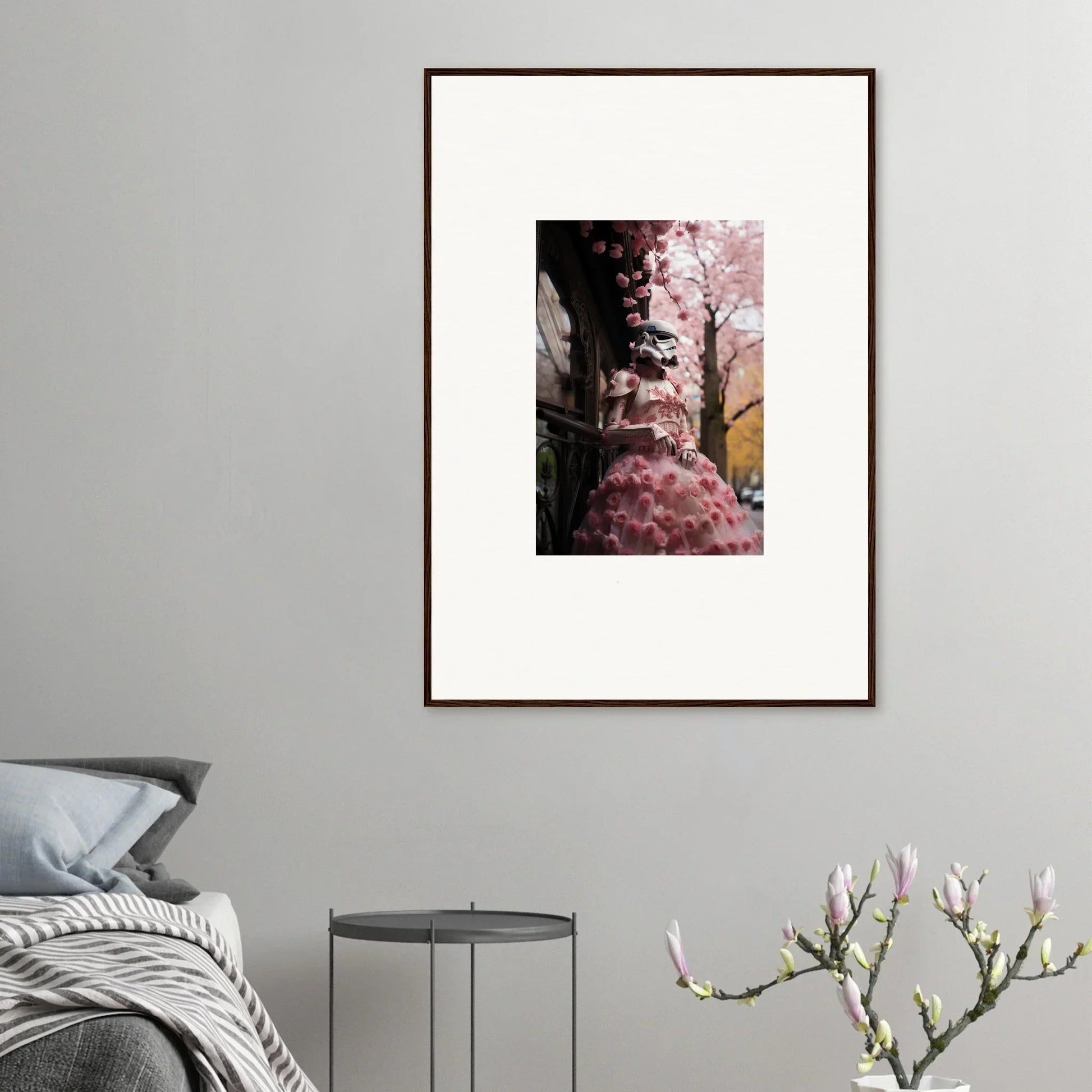 Framed Stormtrooper Sakura Dream art featuring pink cherry blossoms on a dark backdrop