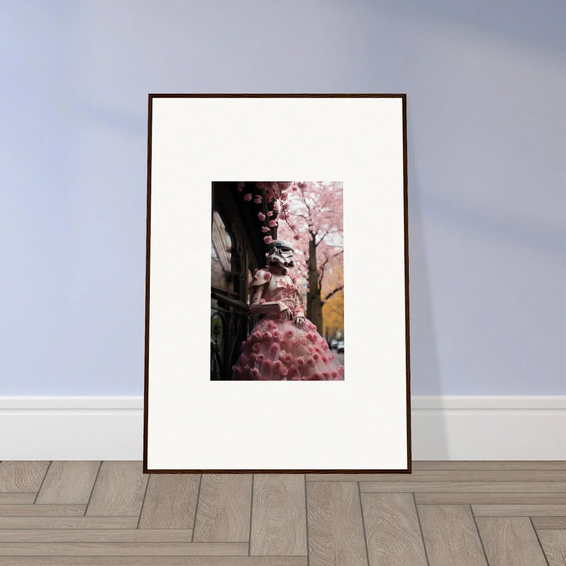 Framed photo of pink cherry blossoms by a building in Stormtrooper Sakura Dream art