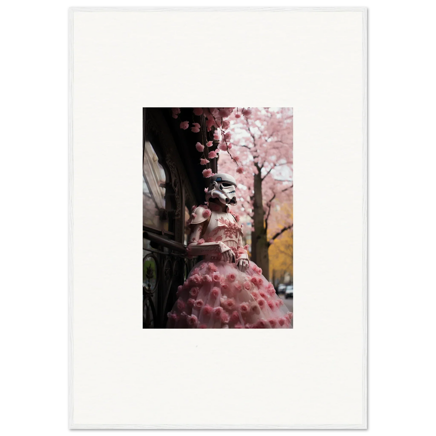 Pink cherry blossoms cascading down a branch in Stormtrooper Sakura Dream art™