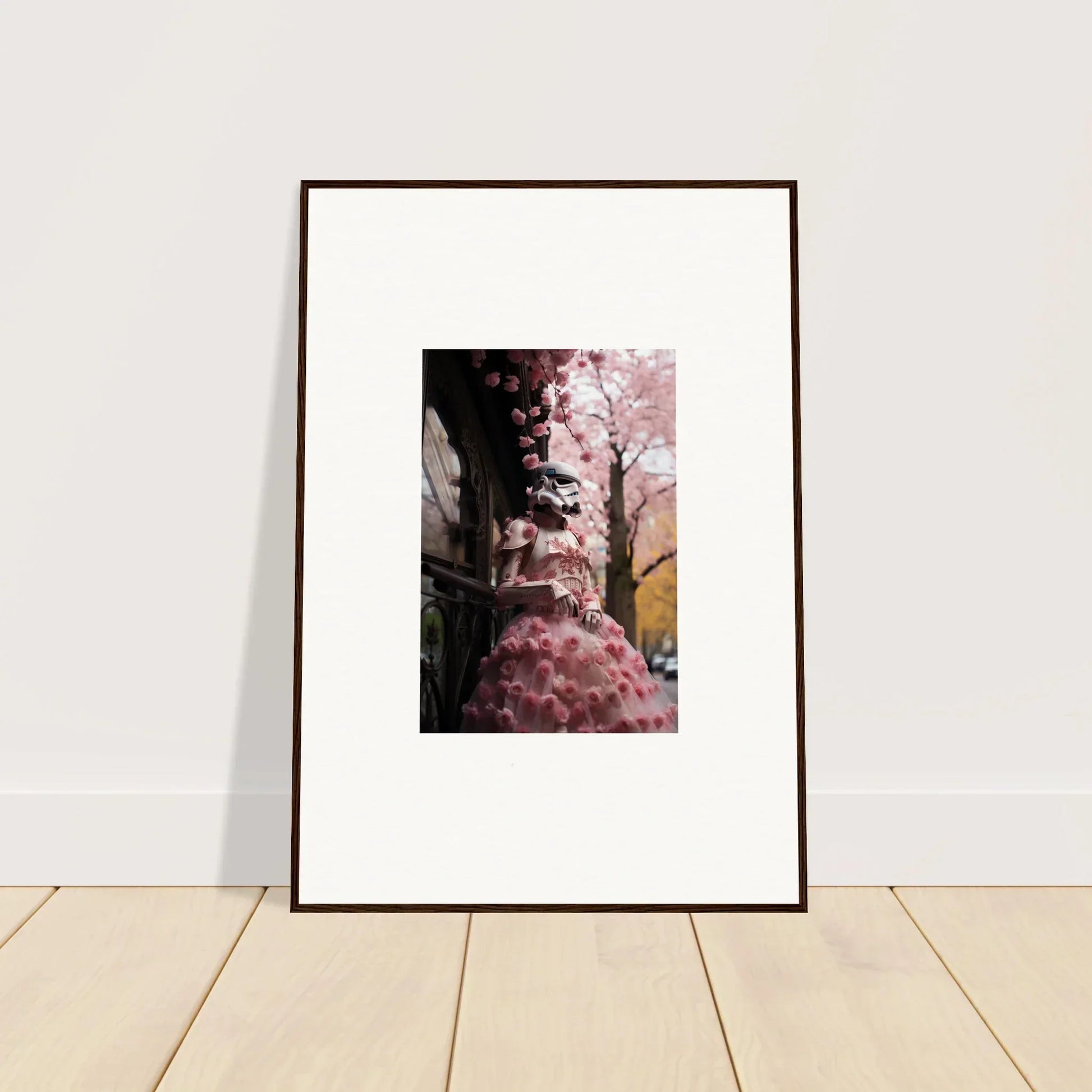 Framed photo of pink cherry blossoms by a building from Stormtrooper Sakura Dream