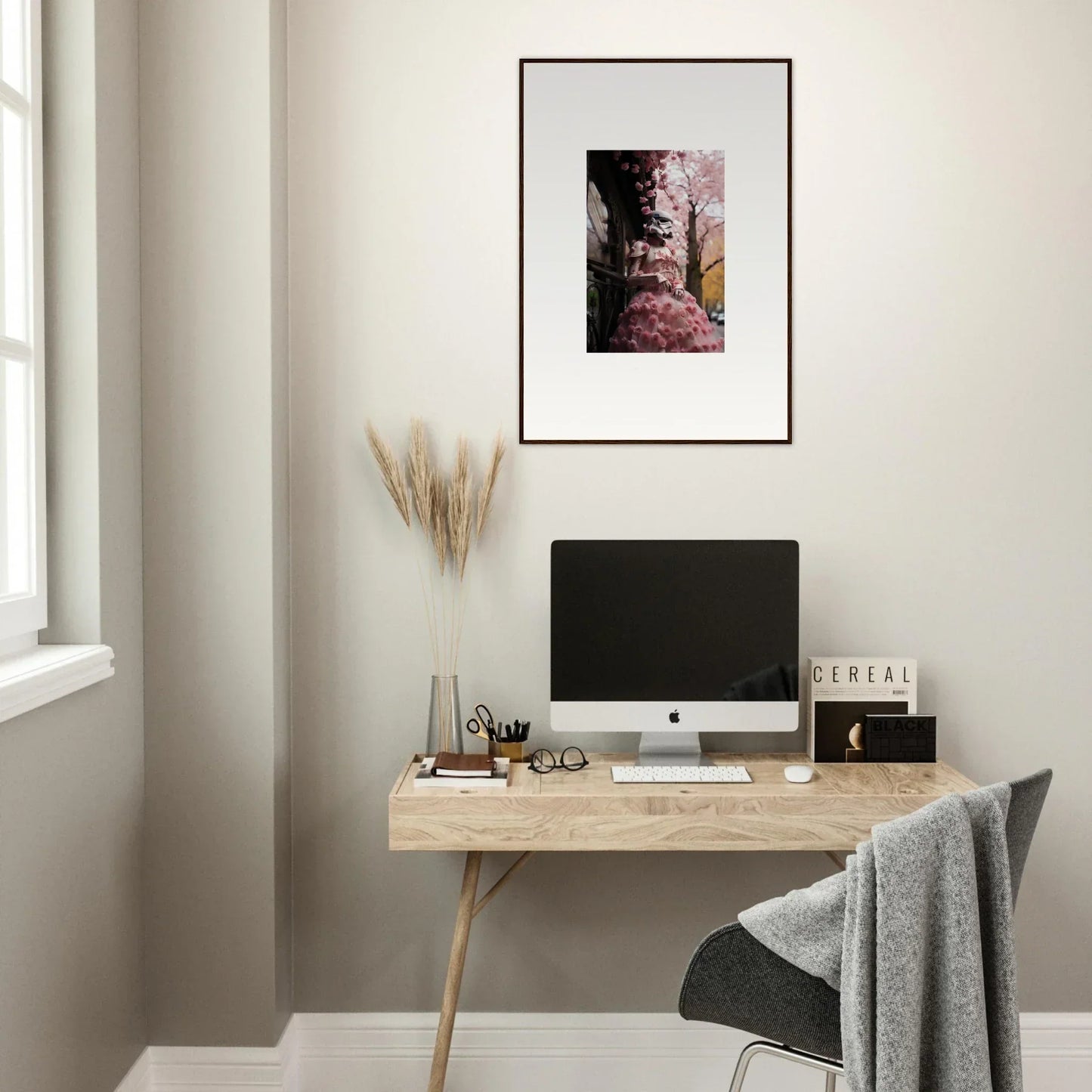 Simple wooden desk with angled legs holding an iMac from Stormtrooper Sakura Dream