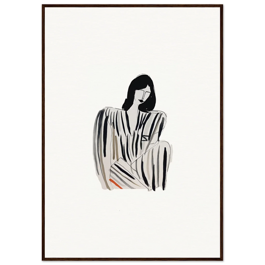 Minimalist black and white illustration of a seated figure in Striped Whispers Formals for room decoration