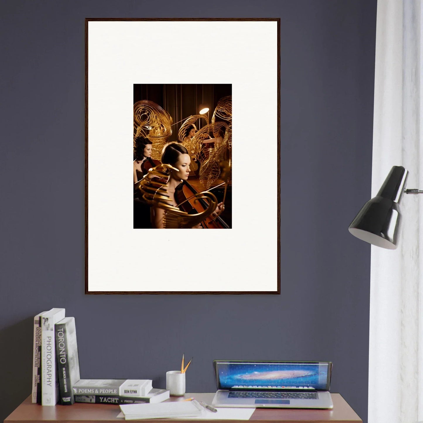 Framed canvas print of mint murmurs figure in golden armor, perfect for room decoration