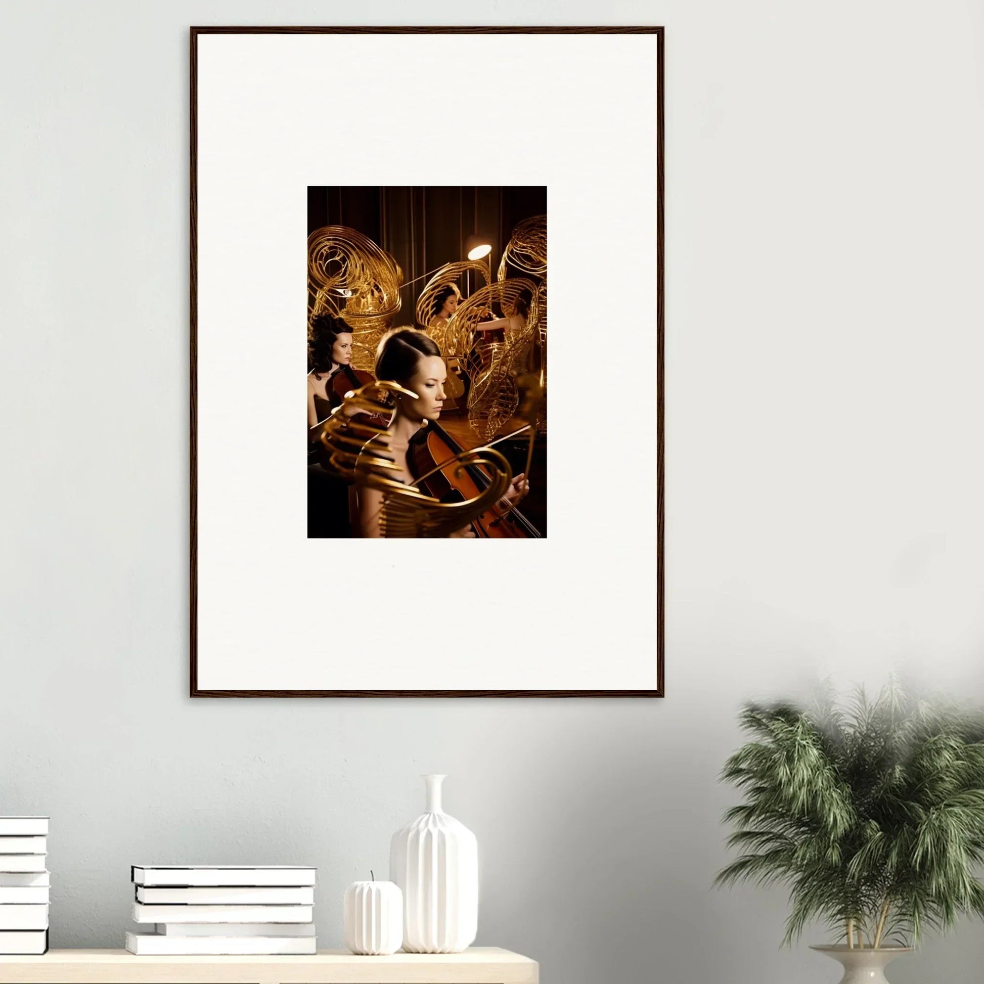 Framed canvas print of a spacesuit figure with golden mechanics for mint murmurs room decoration