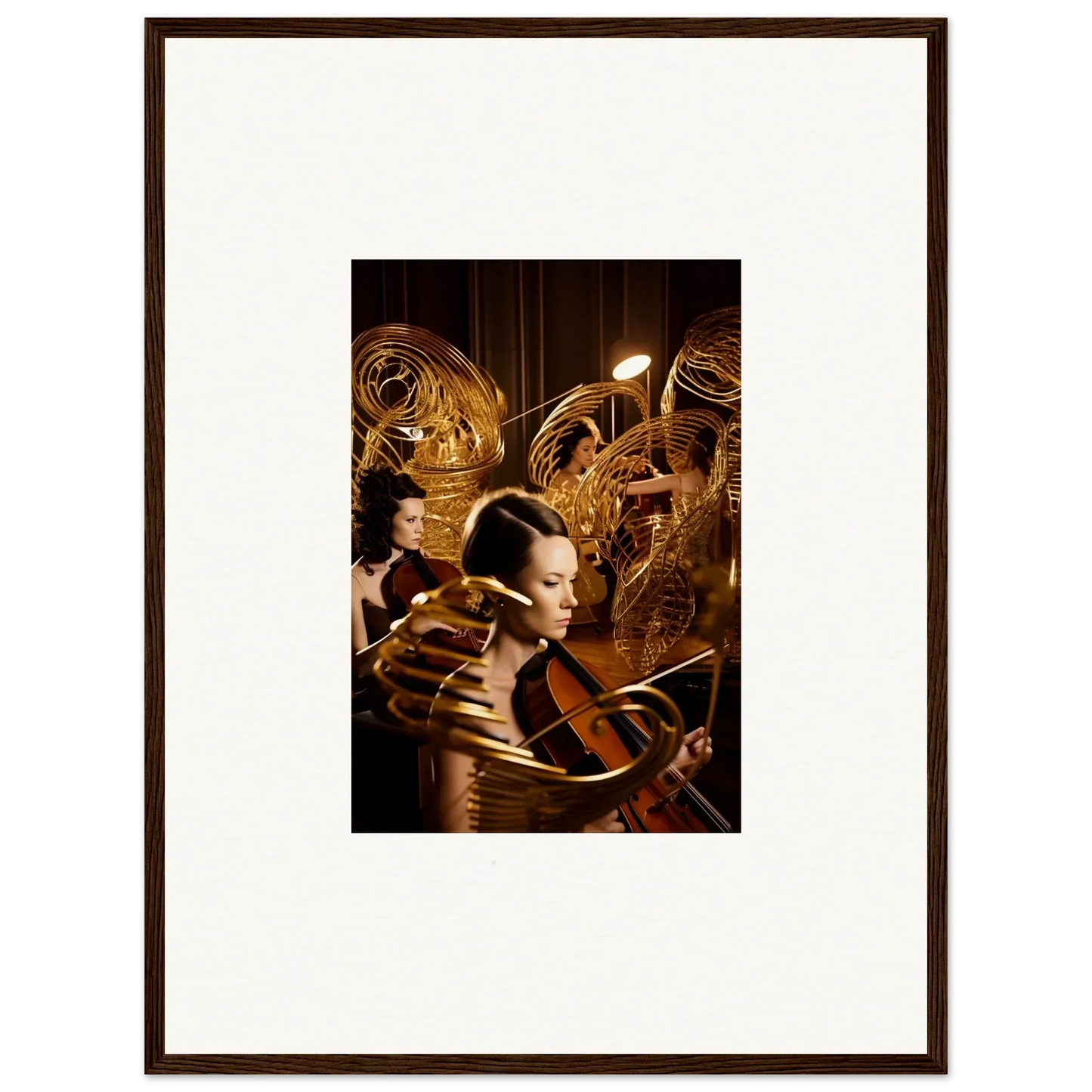 Framed canvas print of a person amid golden robotic elements for mint murmurs room decoration