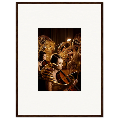 Framed canvas print of a person amid golden robotic elements for mint murmurs room decoration