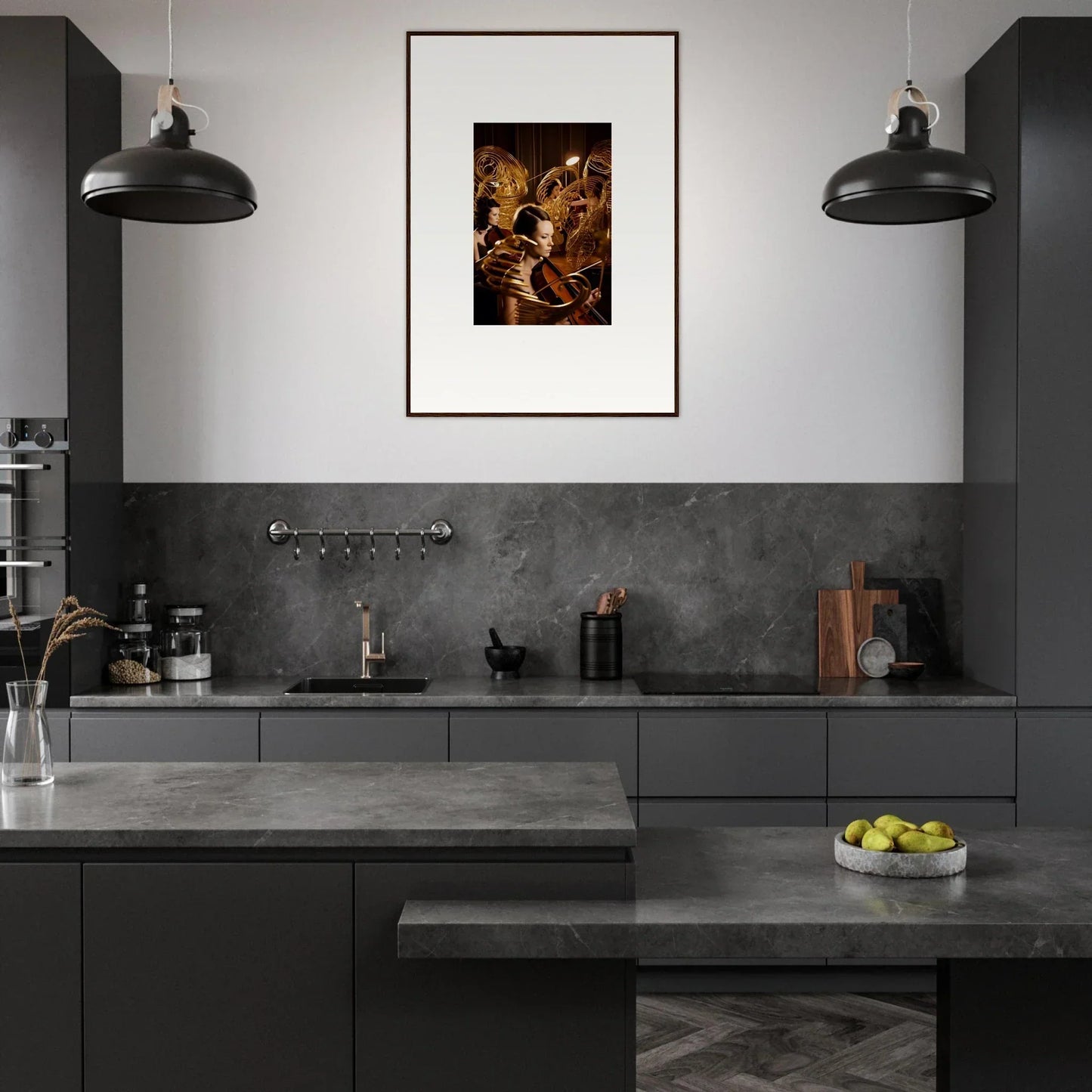 Modern kitchen with dark gray cabinetry, mint murmurs canvas print, and stylish pendant lights