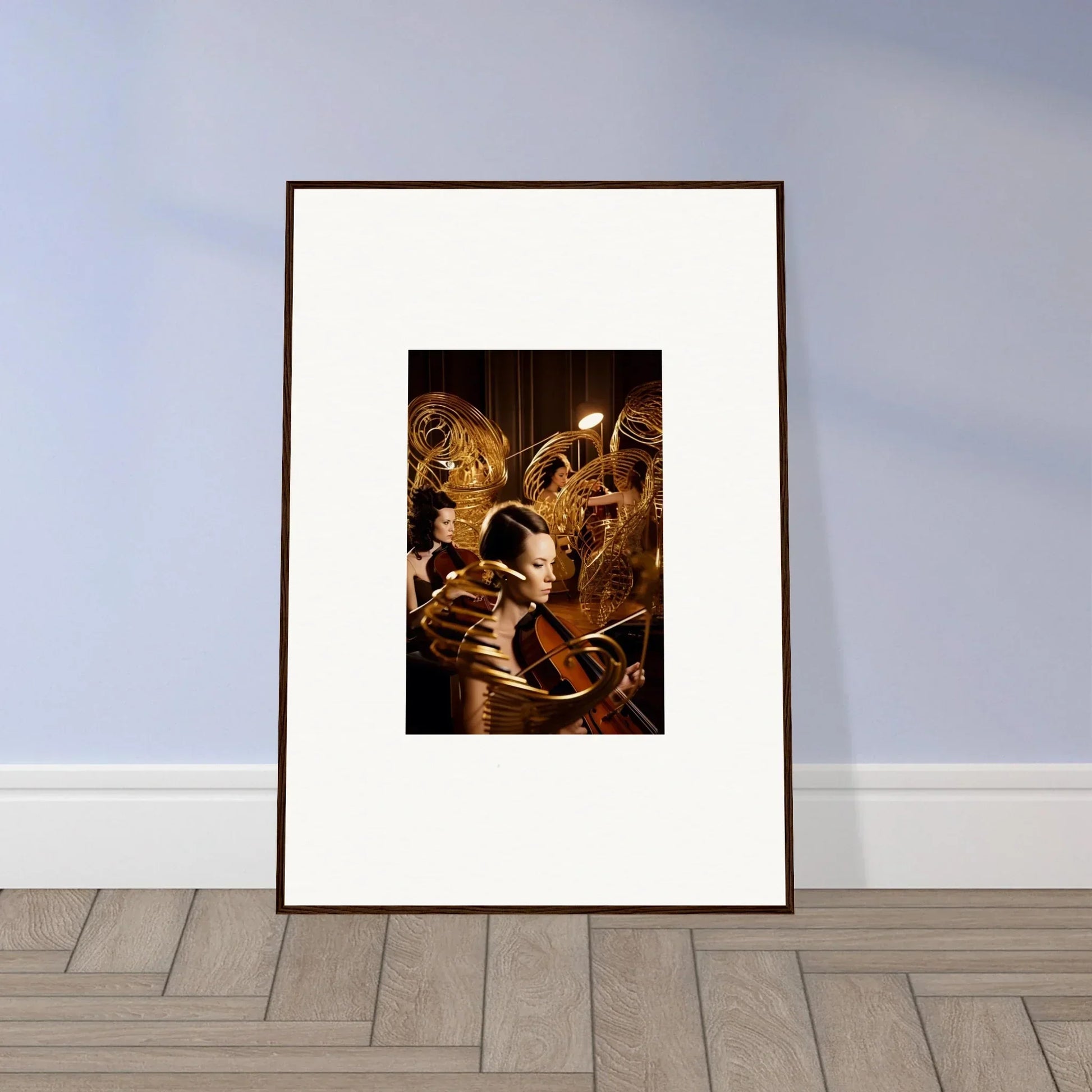 Framed canvas print of mint murmurs artwork featuring dramatic golden-toned figures