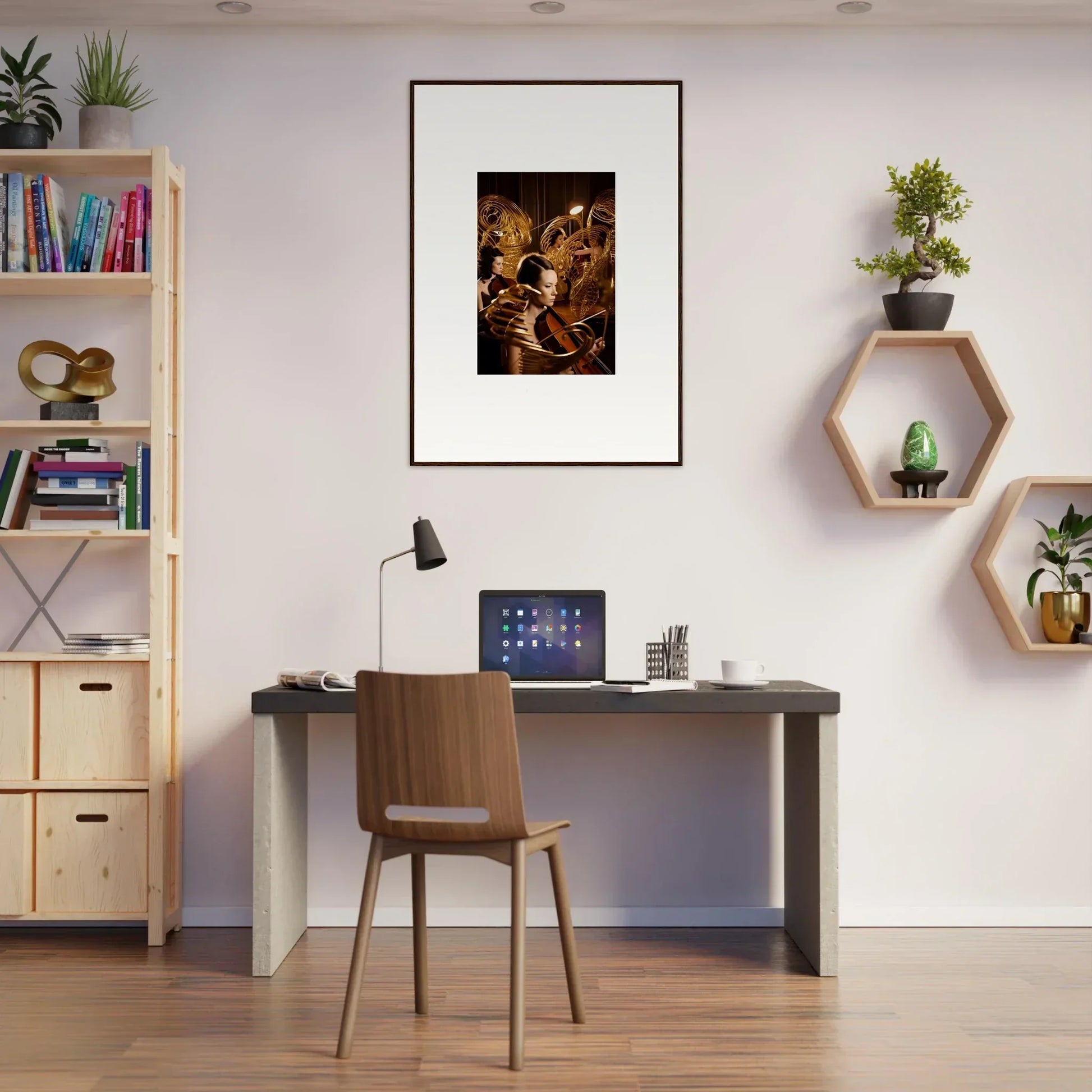 Home office setup featuring mint murmurs decor with a stylish desk and chair