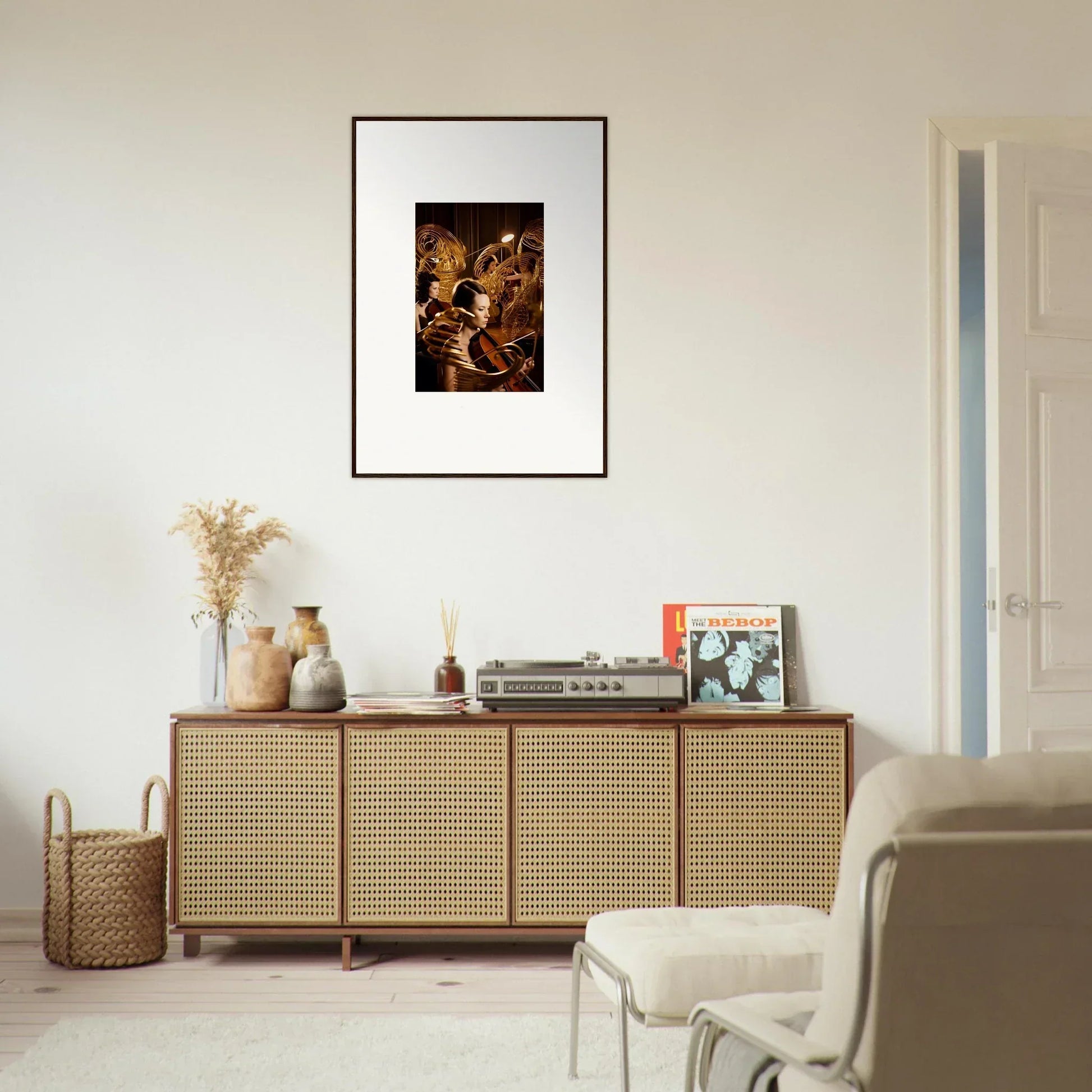 Rattan-fronted wooden sideboard with mint murmurs decor and art for stylish room decoration