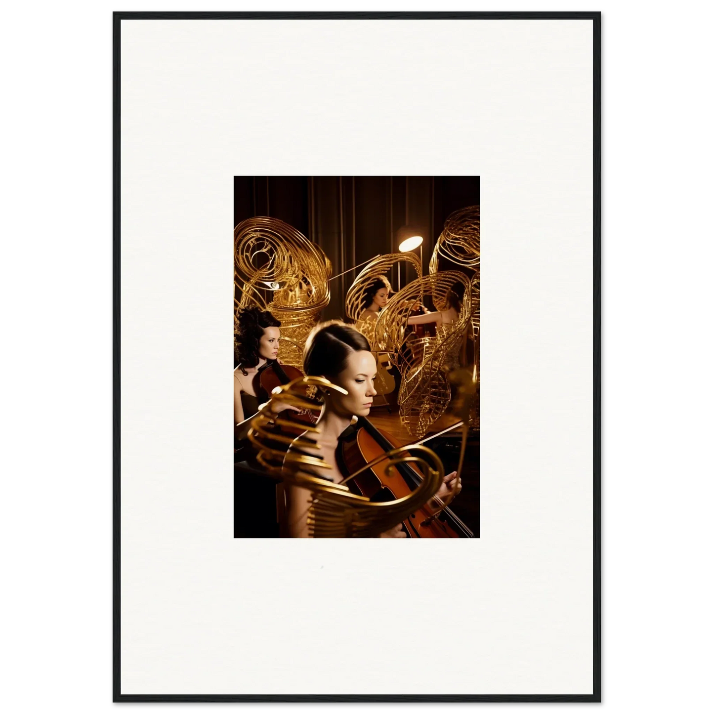 Framed canvas print of mint murmurs with surreal golden mechanical forms