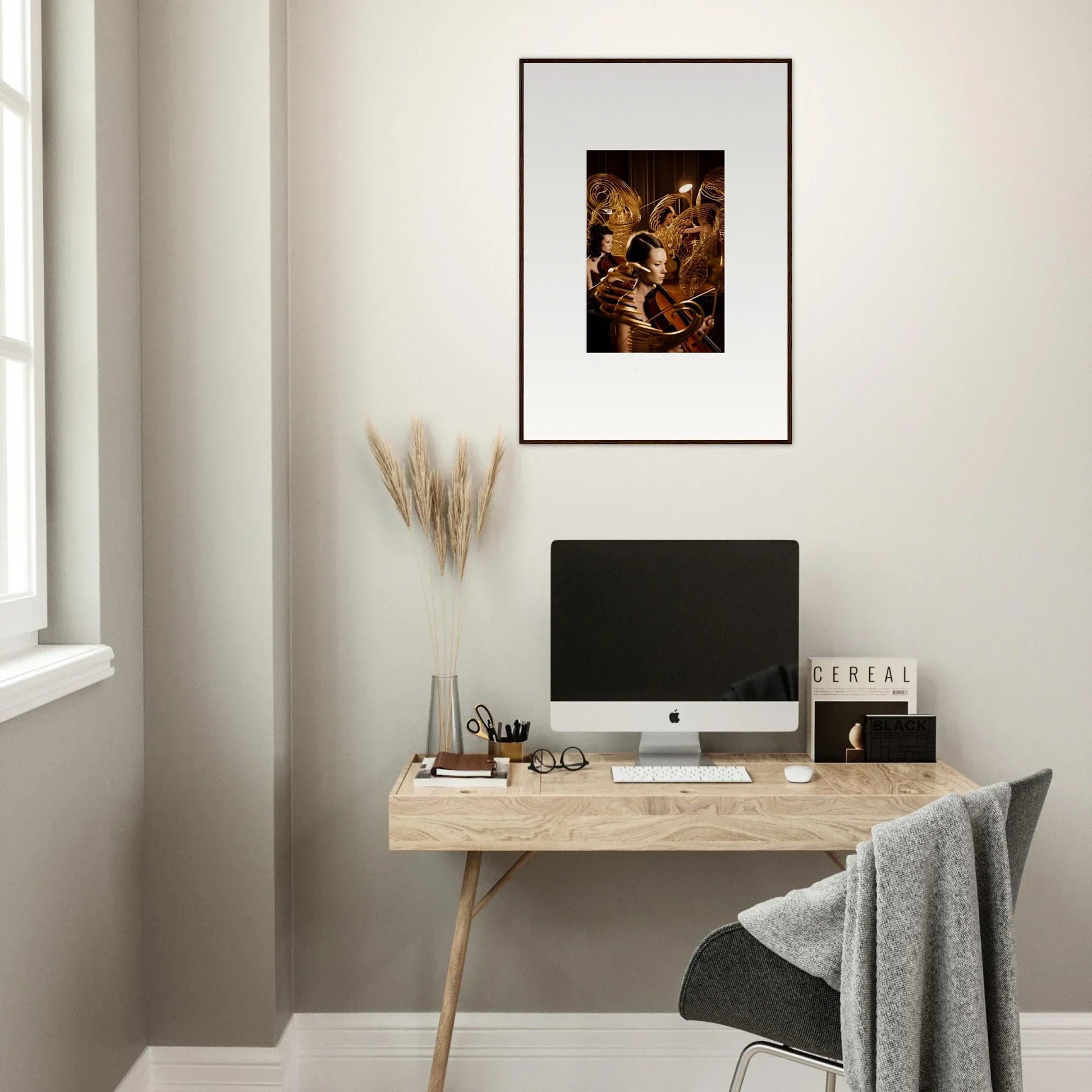 Minimalist wooden desk with computer and mint murmurs canvas print for room decoration