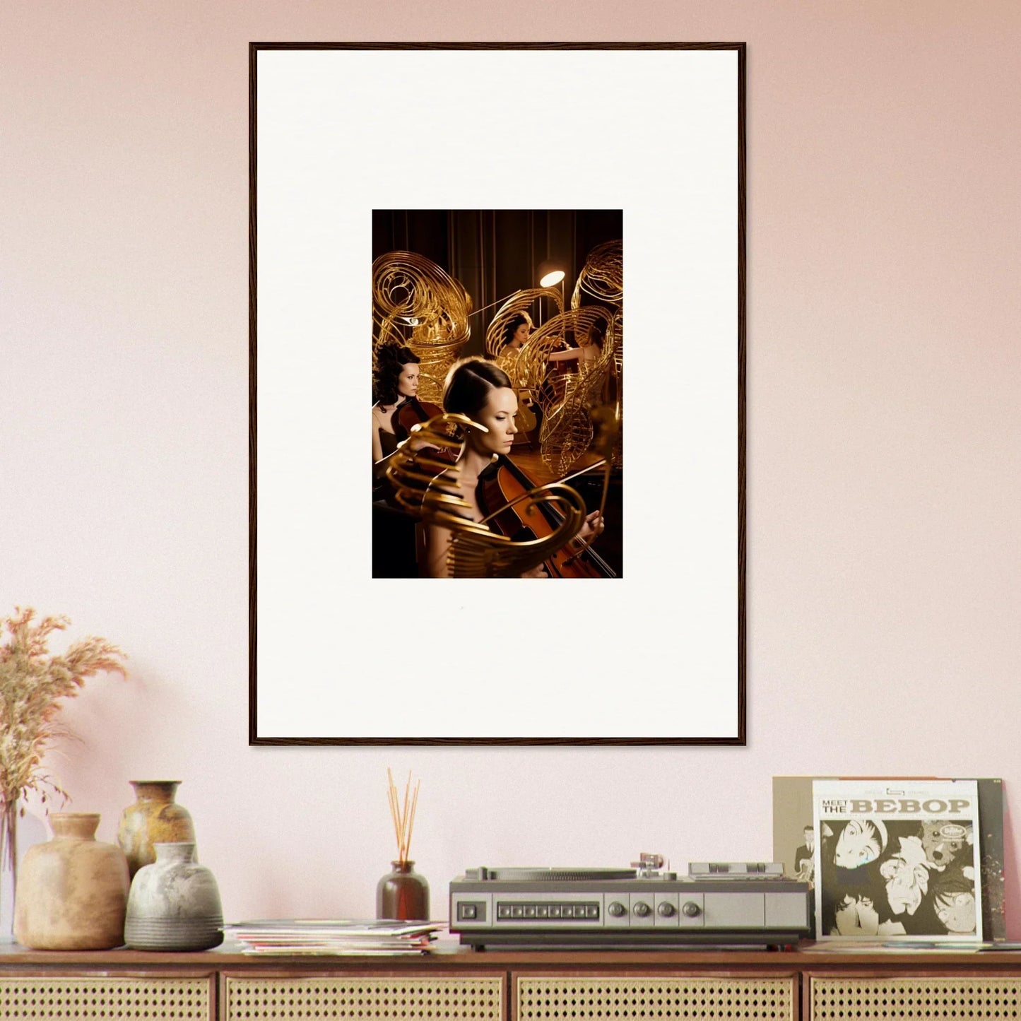 Framed canvas print of a musician with mint murmurs in abstract golden shapes