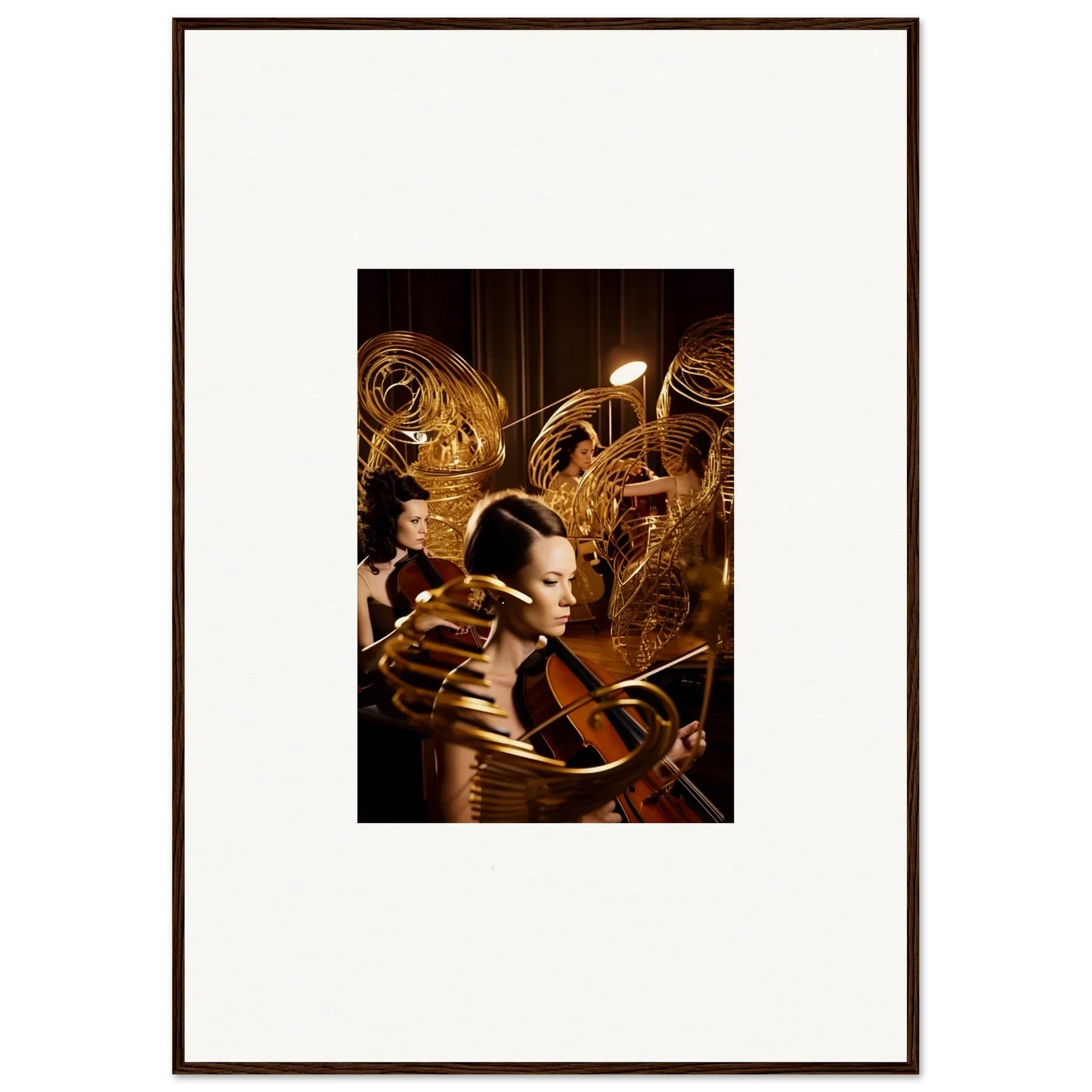 Framed canvas print of Mint Murmurs featuring surreal golden mechanical forms