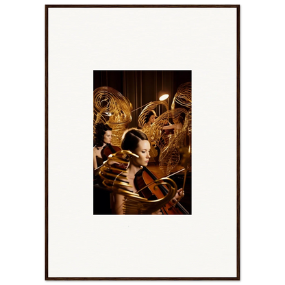 Framed canvas print of Mint Murmurs featuring surreal golden mechanical forms