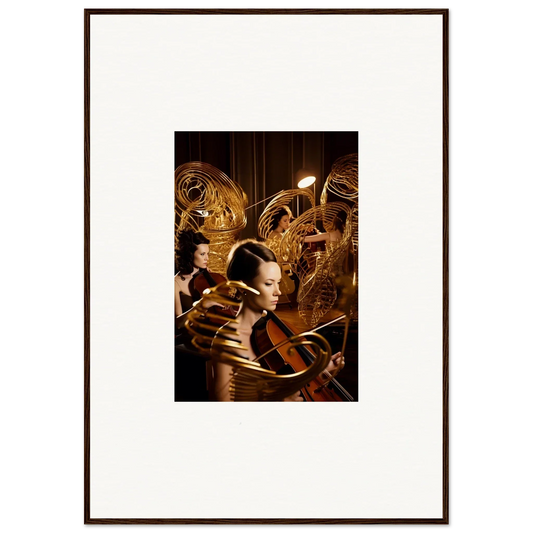 Framed canvas print of Mint Murmurs featuring surreal golden mechanical forms