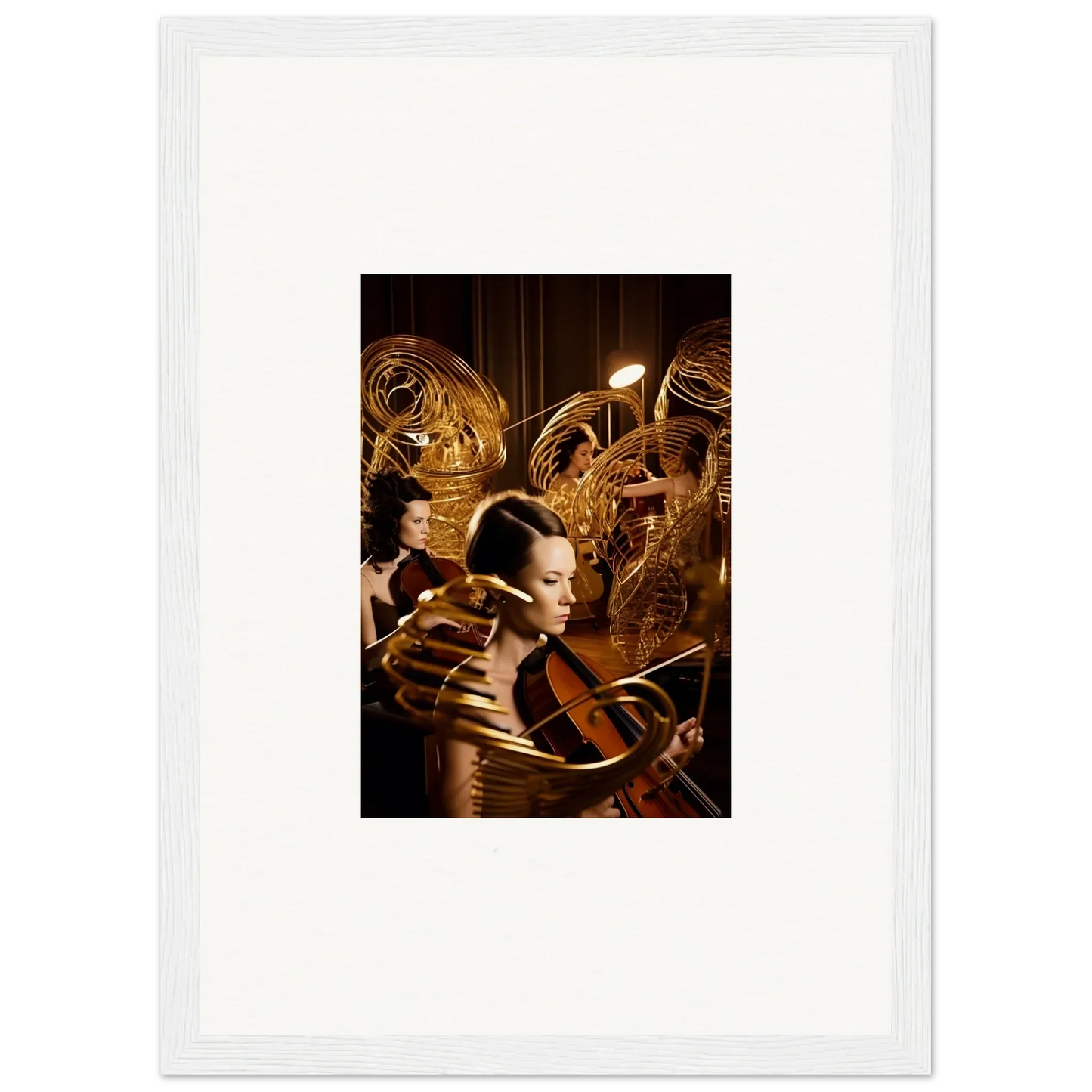 Framed canvas print of a figure with golden mechanical elements for mint murmurs room decoration