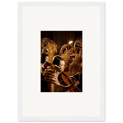 Framed canvas print of a figure with golden mechanical elements for mint murmurs room decoration