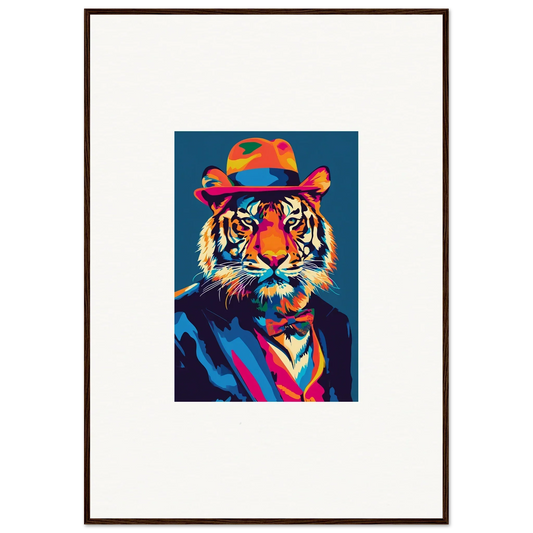 Colorful Pop Art Tiger in Suit and Hat, Psychedelic Regal Framed Wall Art for Room Decor