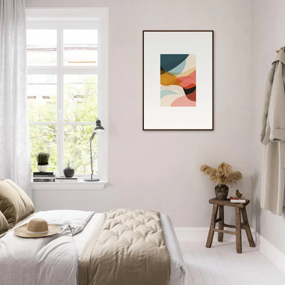 Cozy bedroom with minimalist decor and colorful canvas print wall art