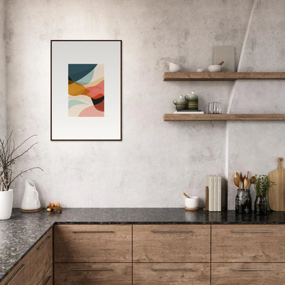 Modern kitchen featuring wooden cabinets and vibrant abstract wall art canvas print