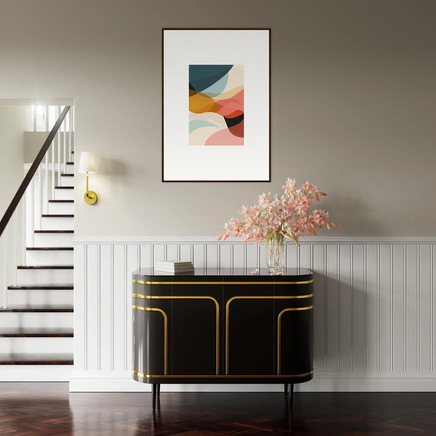 Elegant black sideboard with gold trim perfect for room decoration and stylish wall art