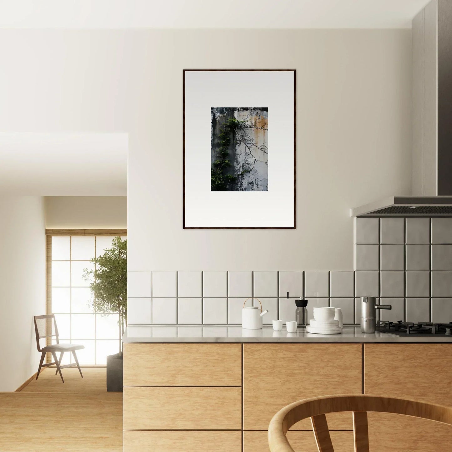 Modern kitchen with wooden cabinets, white tiled backsplash, and nature Wghhosting canvas print