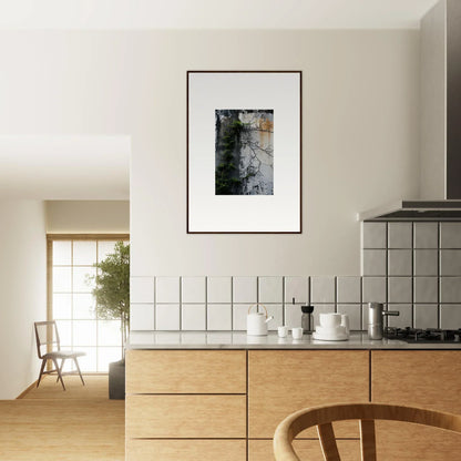 Modern kitchen with wooden cabinets, white tiled backsplash, and nature Wghhosting canvas print