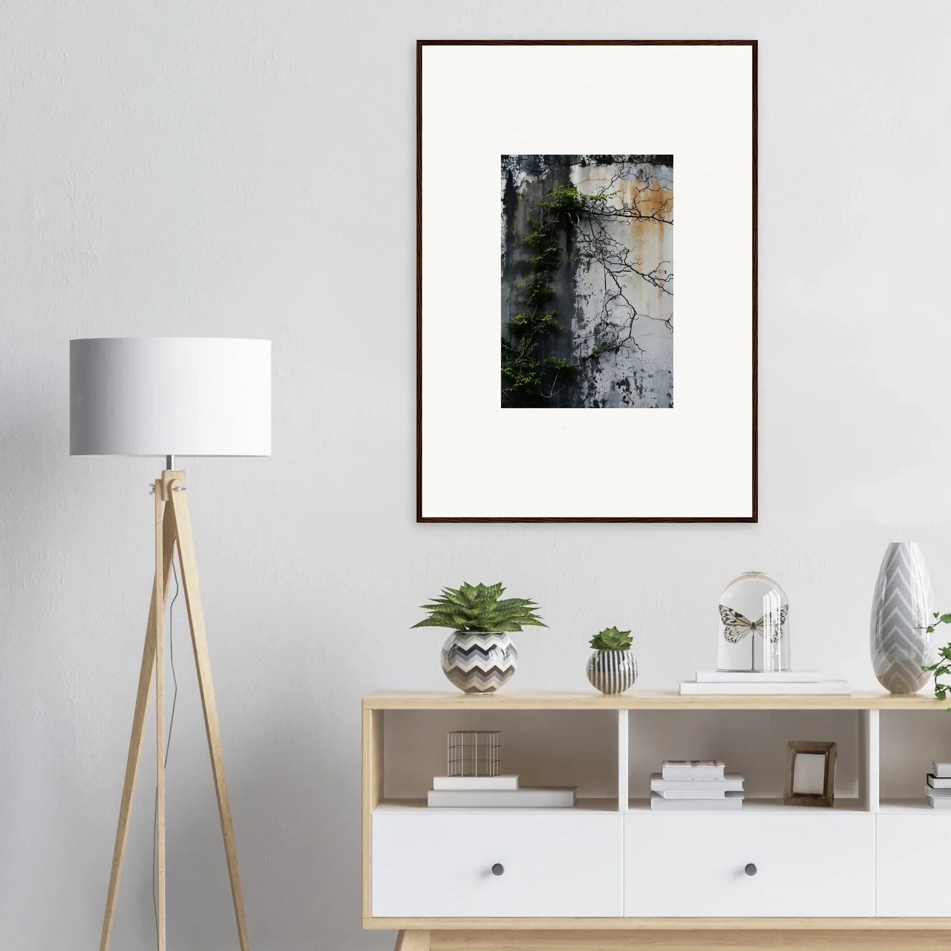 Framed abstract artwork in muted tones perfect for nature wghhosting room decoration