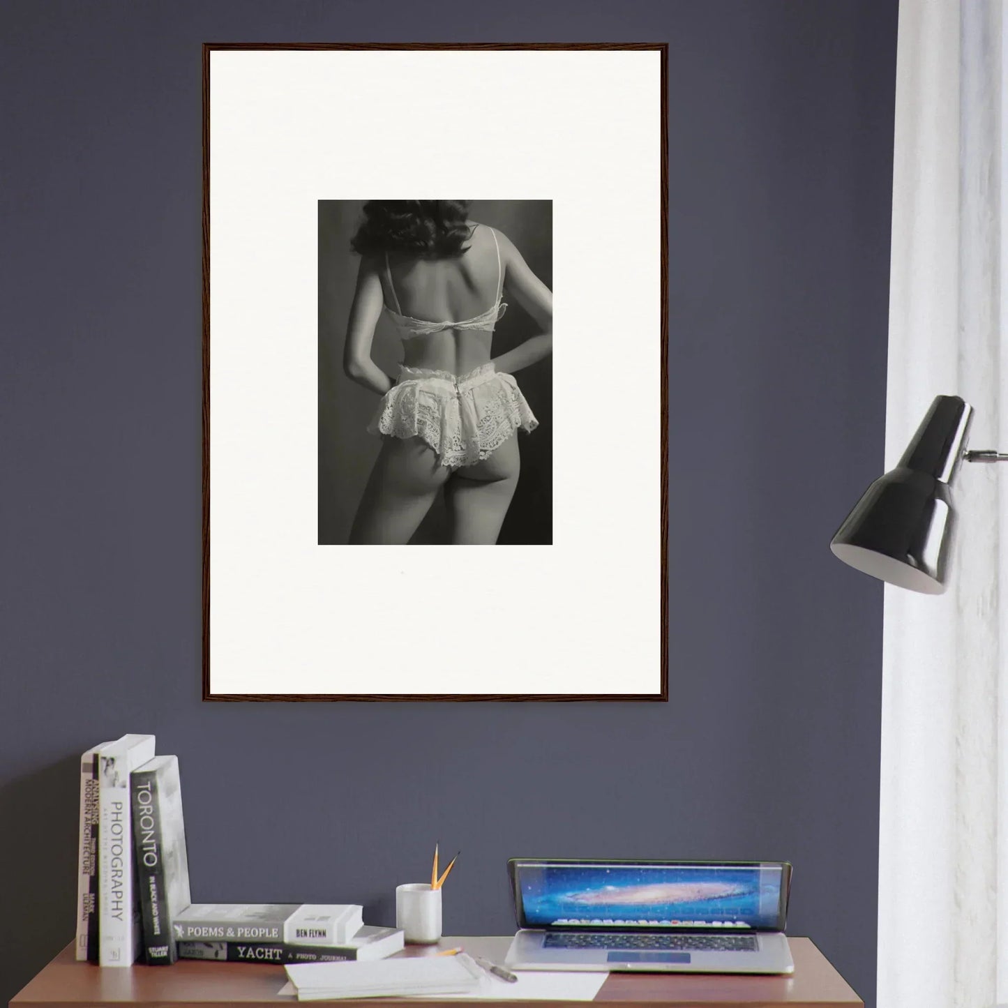 Framed black and white canvas print of lacy underwear for chic room decoration