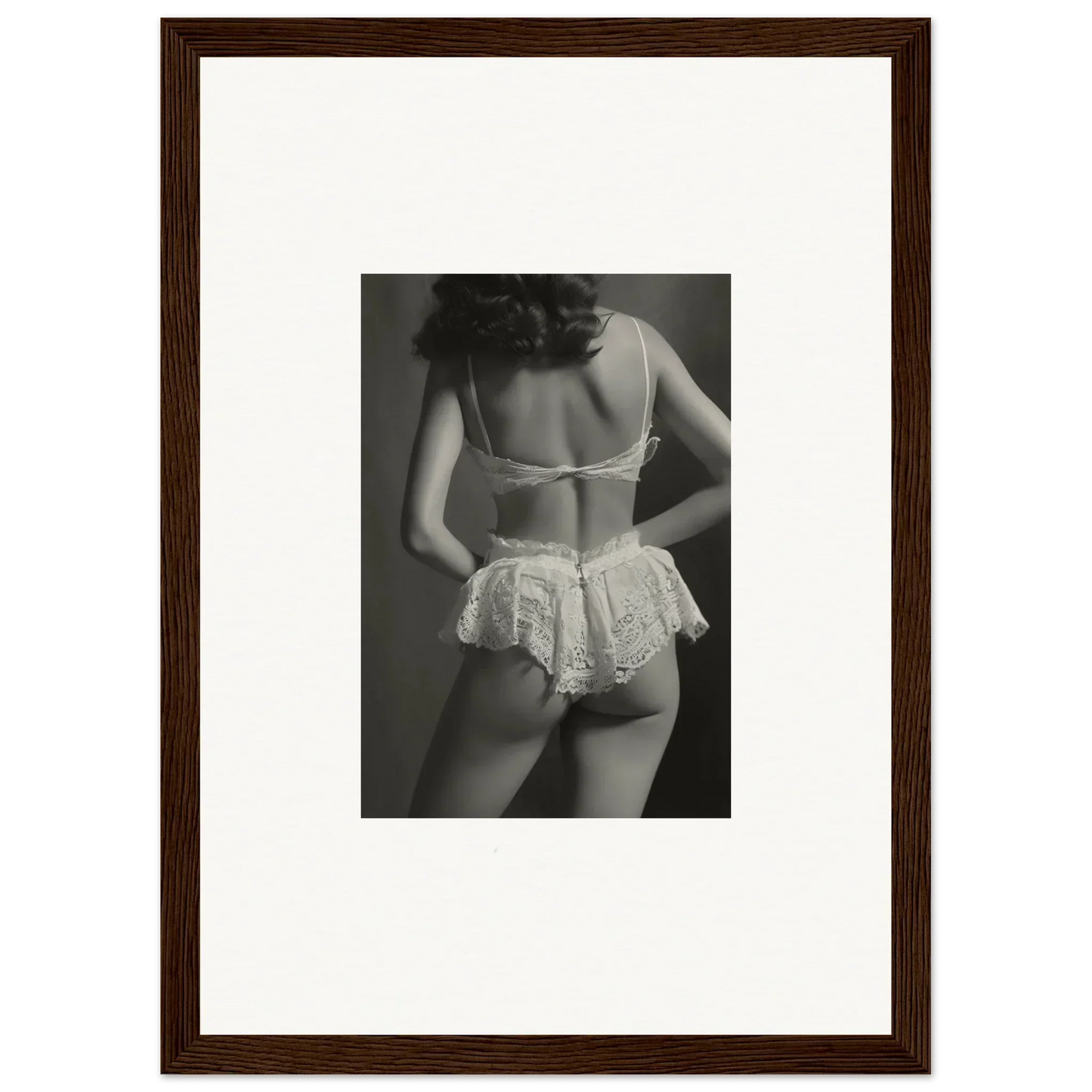 Black and white wall art of a woman’s back in lacy underwear for stylish room decoration