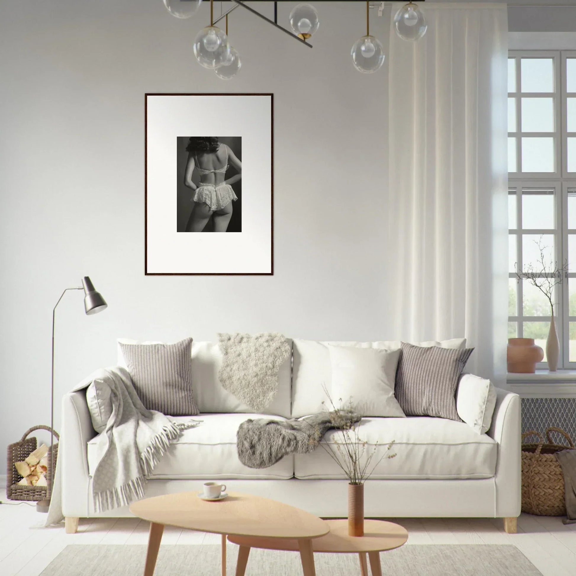 Cozy White Sofa with Throw Pillows and Blankets for Stylish Room Decoration in Summer Silhouettes