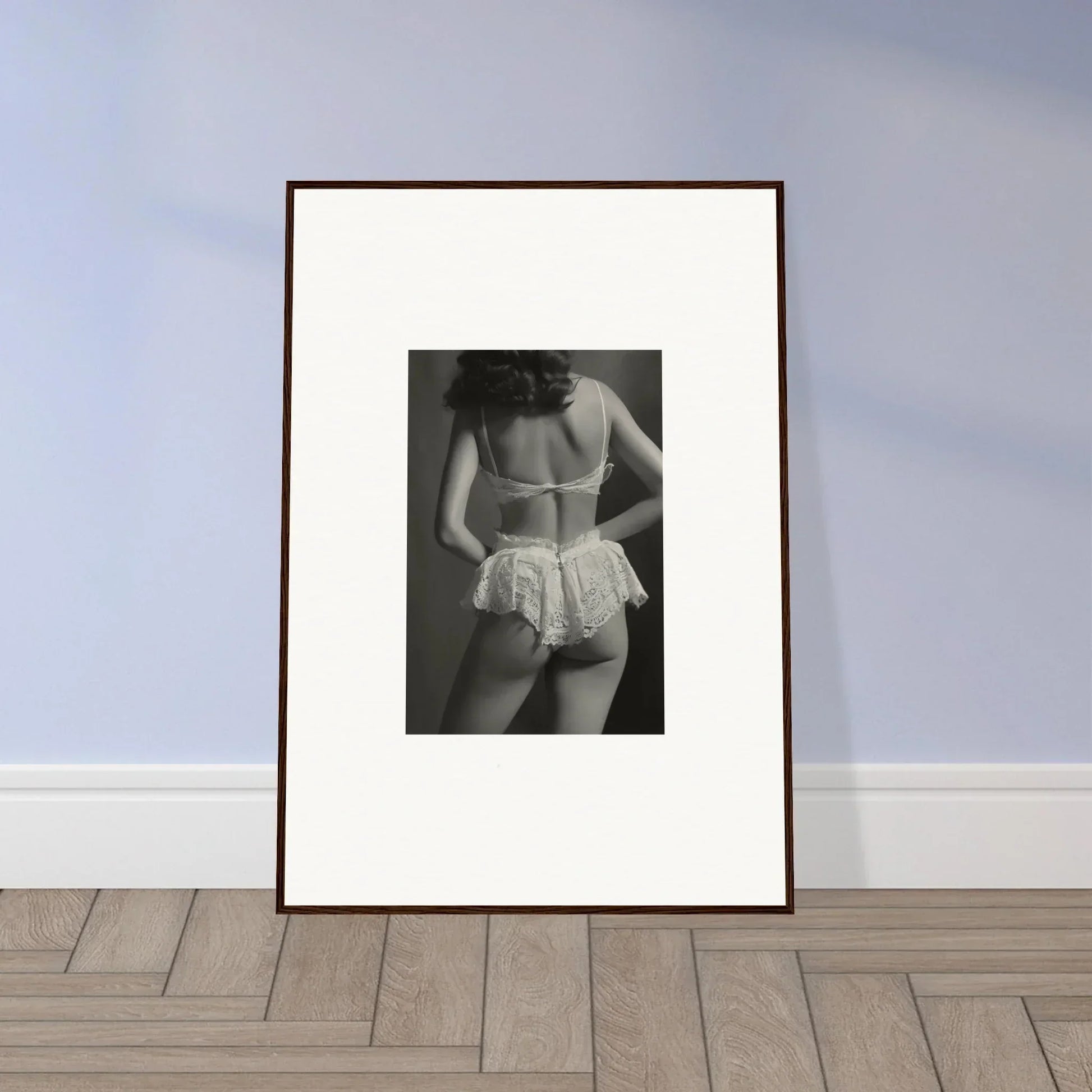 Framed black and white canvas print of lacy underwear for stylish room decoration