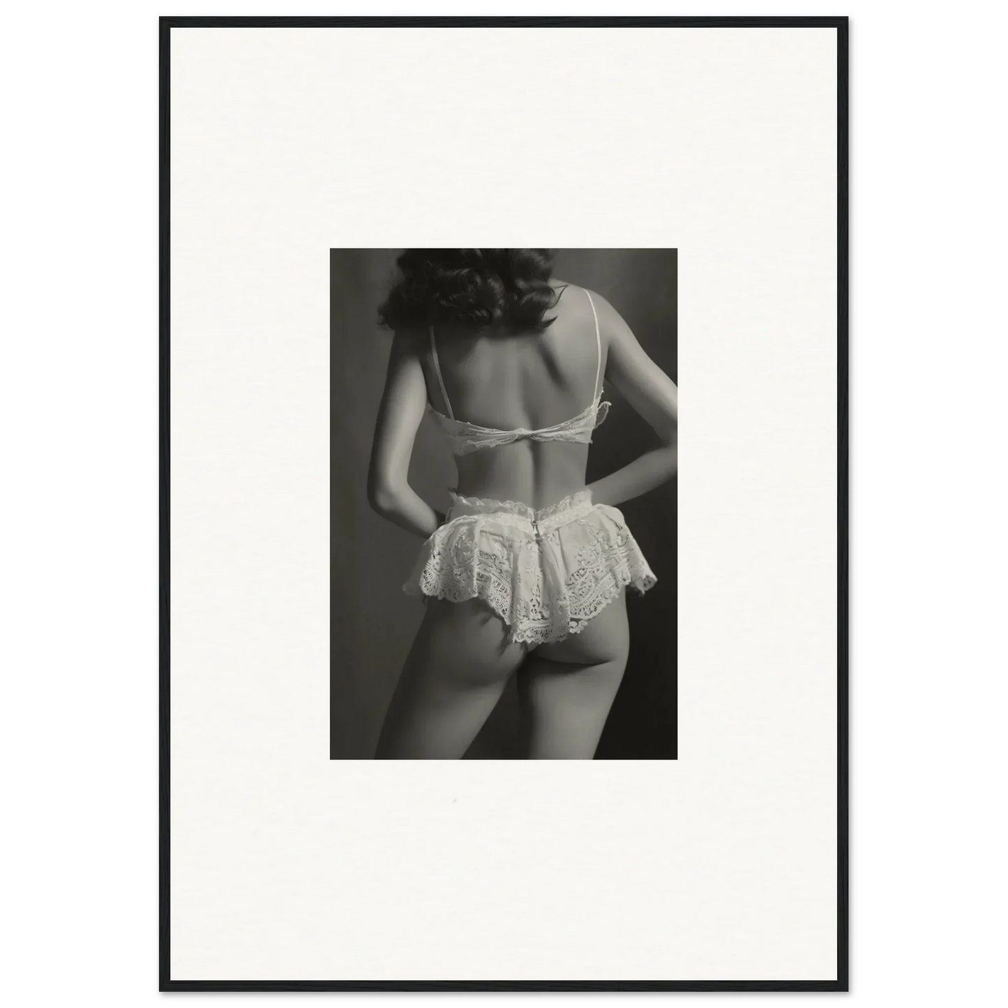 Black and white canvas print of a woman’s back in lacy underwear for stylish room decoration