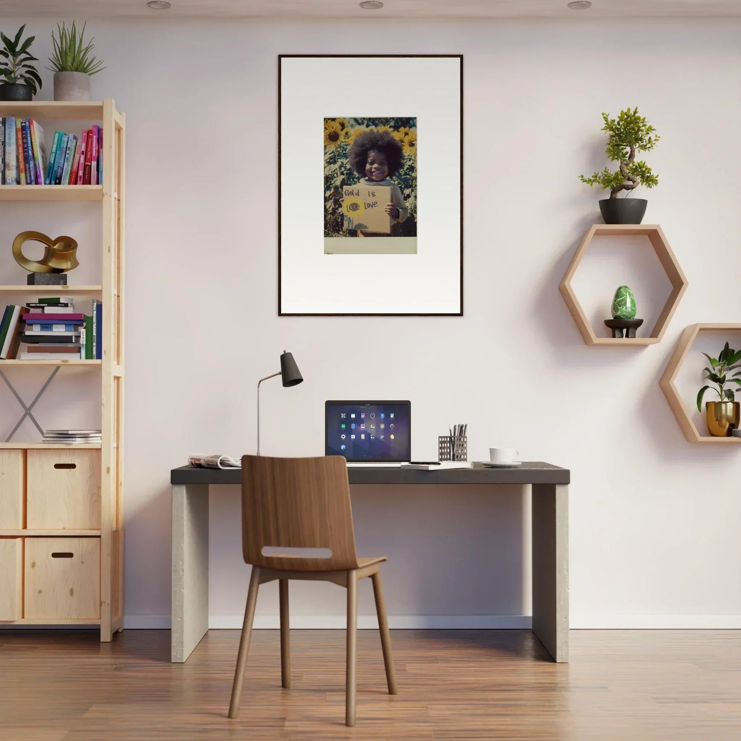 Modern home office with Sunflower Celestial Harmony decor and simple wooden desk