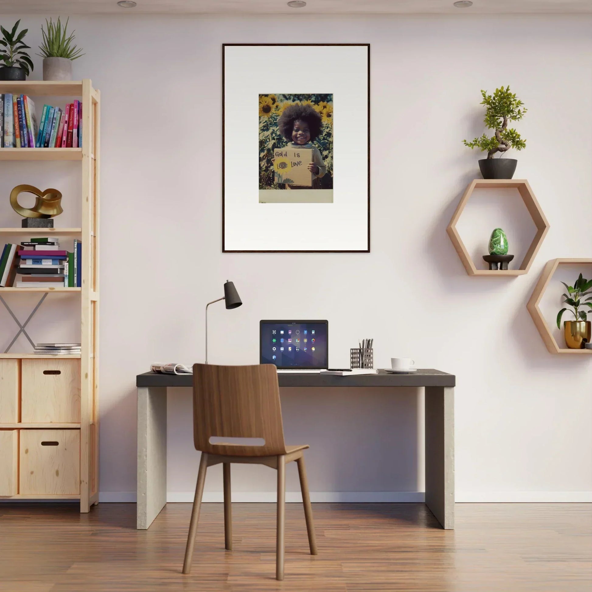 Modern home office with Sunflower Celestial Harmony decor and simple wooden desk