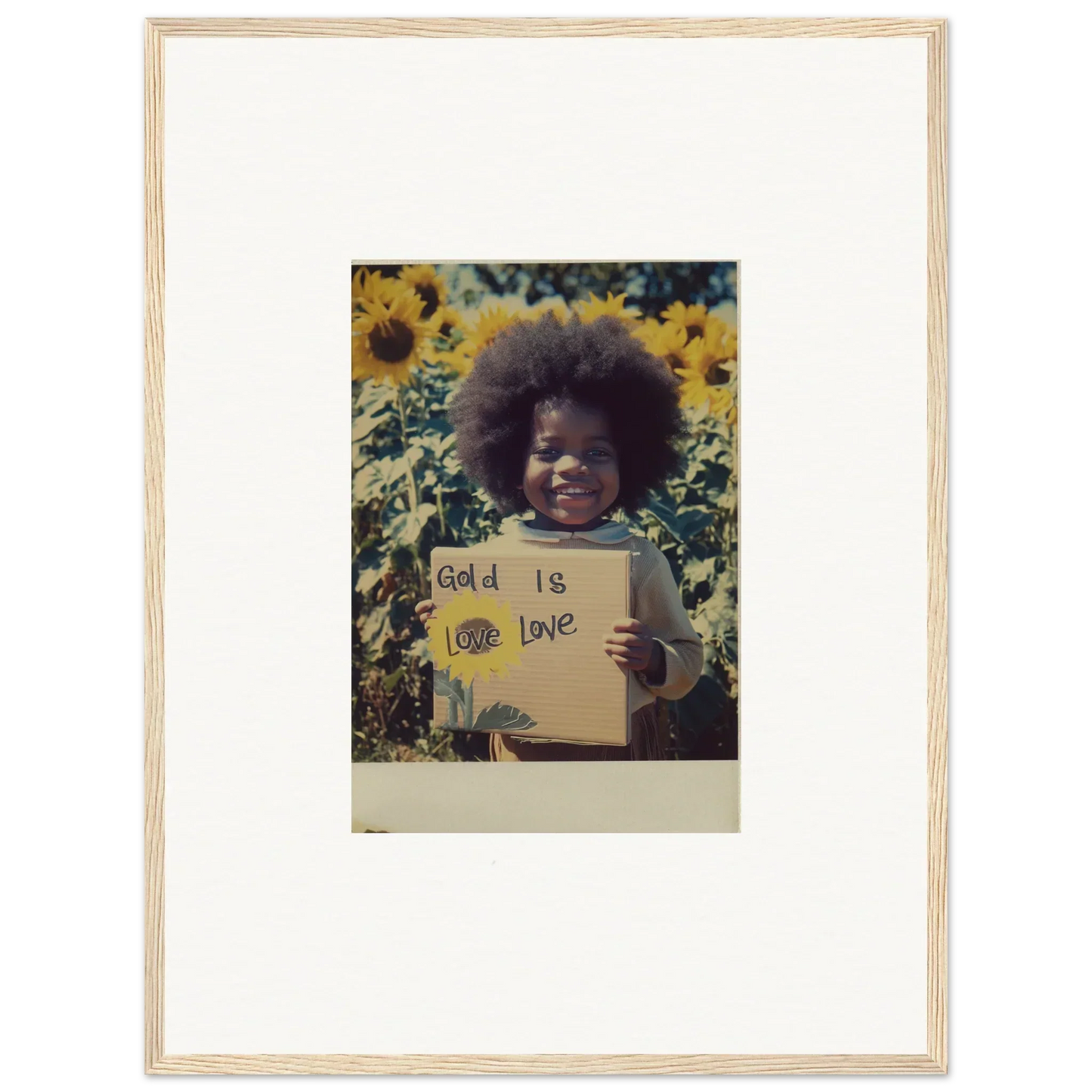 Framed sunflower celestial harmony art with a sign saying God is love, special edition art