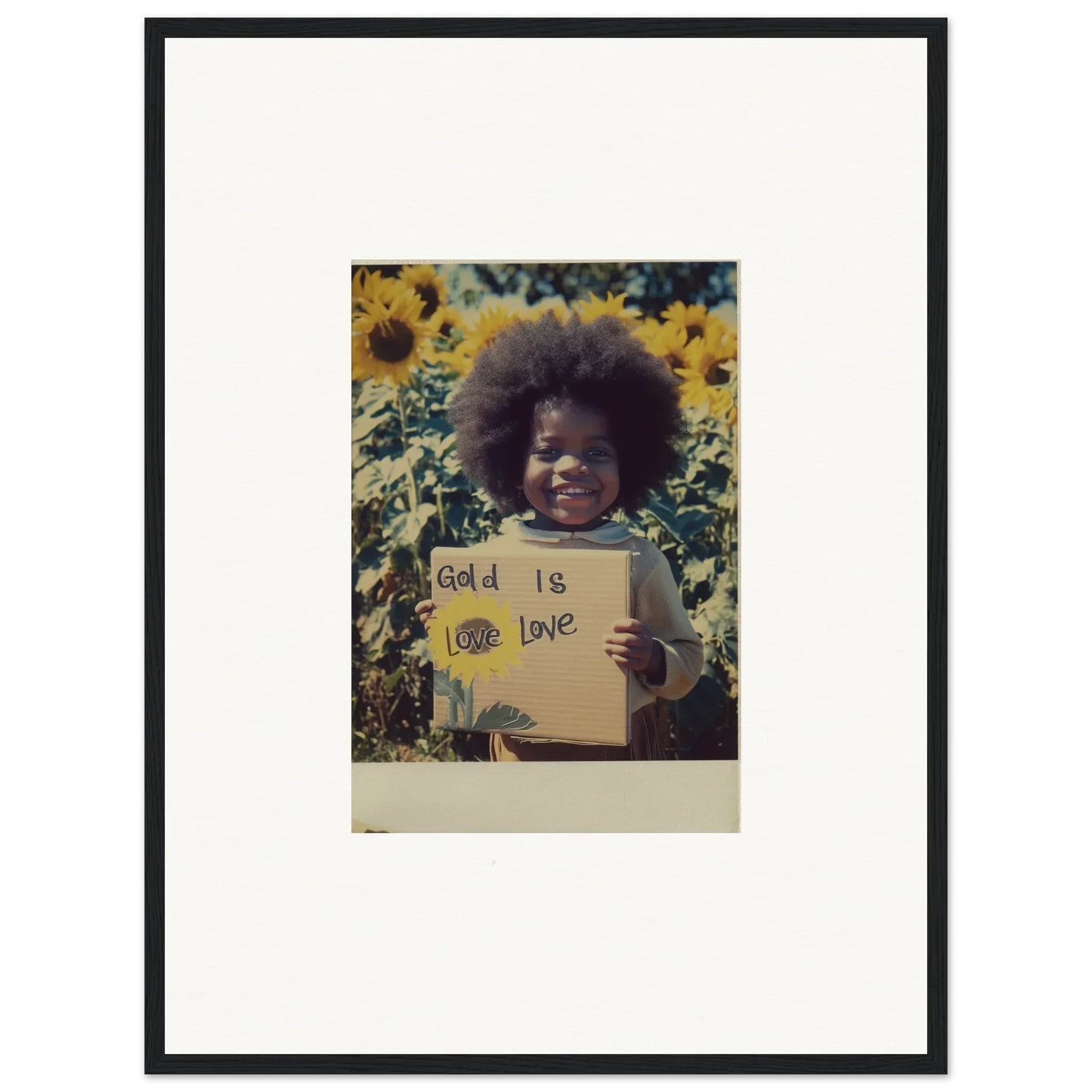 Framed photo of someone with a sign among sunflowers in Sunflower Celestial Harmony