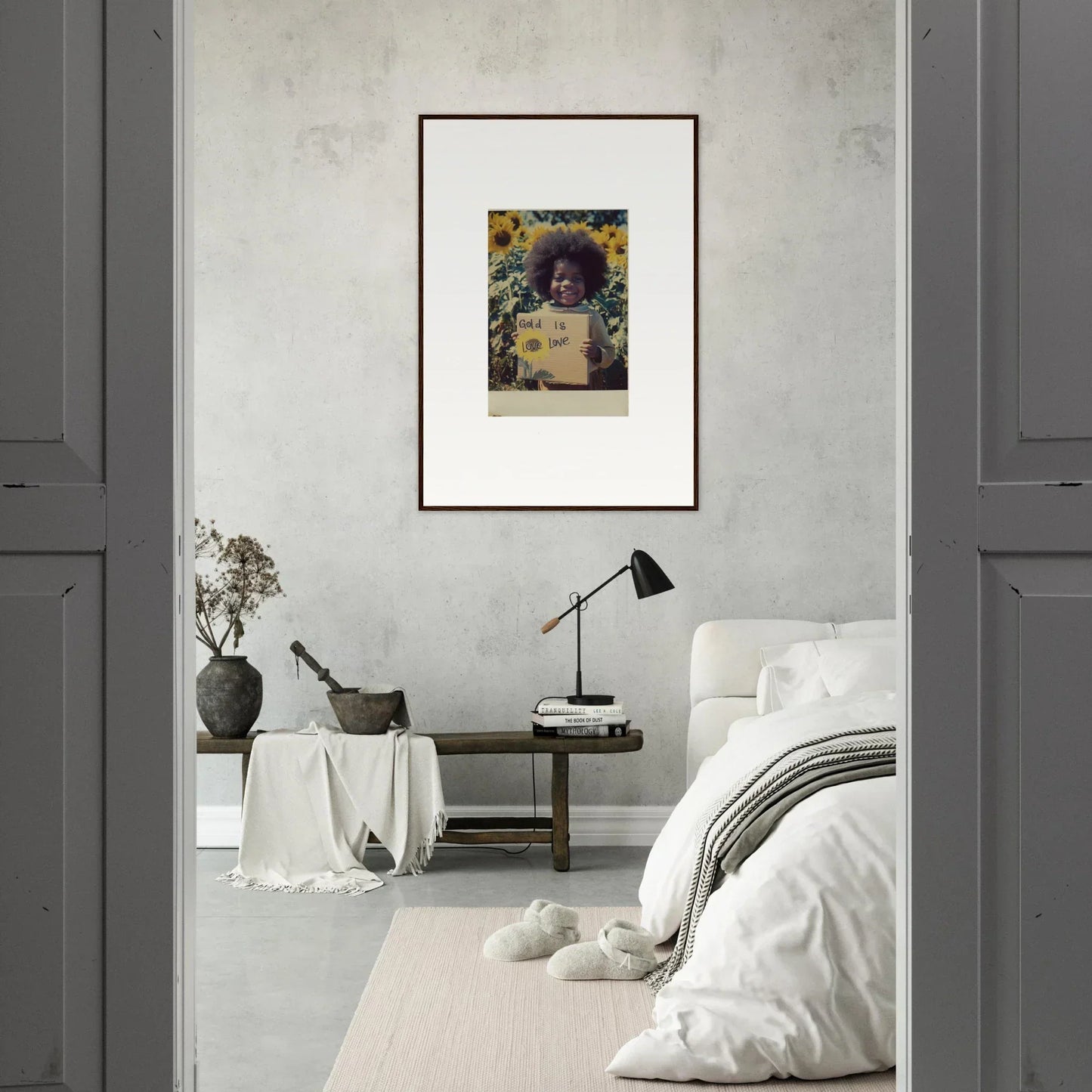 Framed protest photo on light gray wall for Sunflower Celestial Harmony art collection