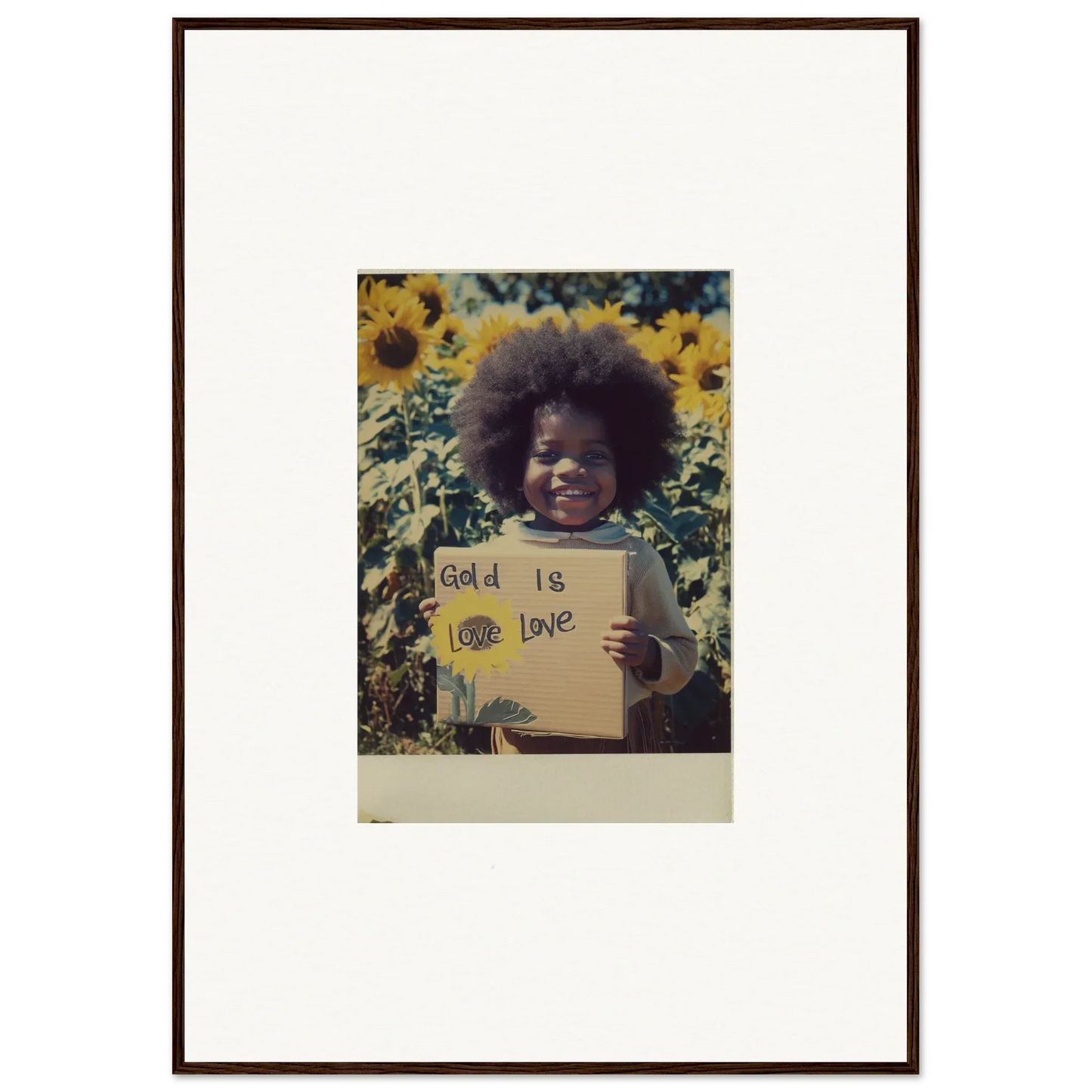 Framed vintage photo of a sign in a sunflower field for Sunflower Celestial Harmony