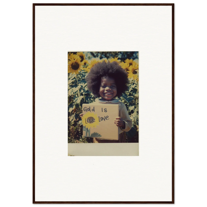 Framed vintage photo of a sign in a sunflower field for Sunflower Celestial Harmony